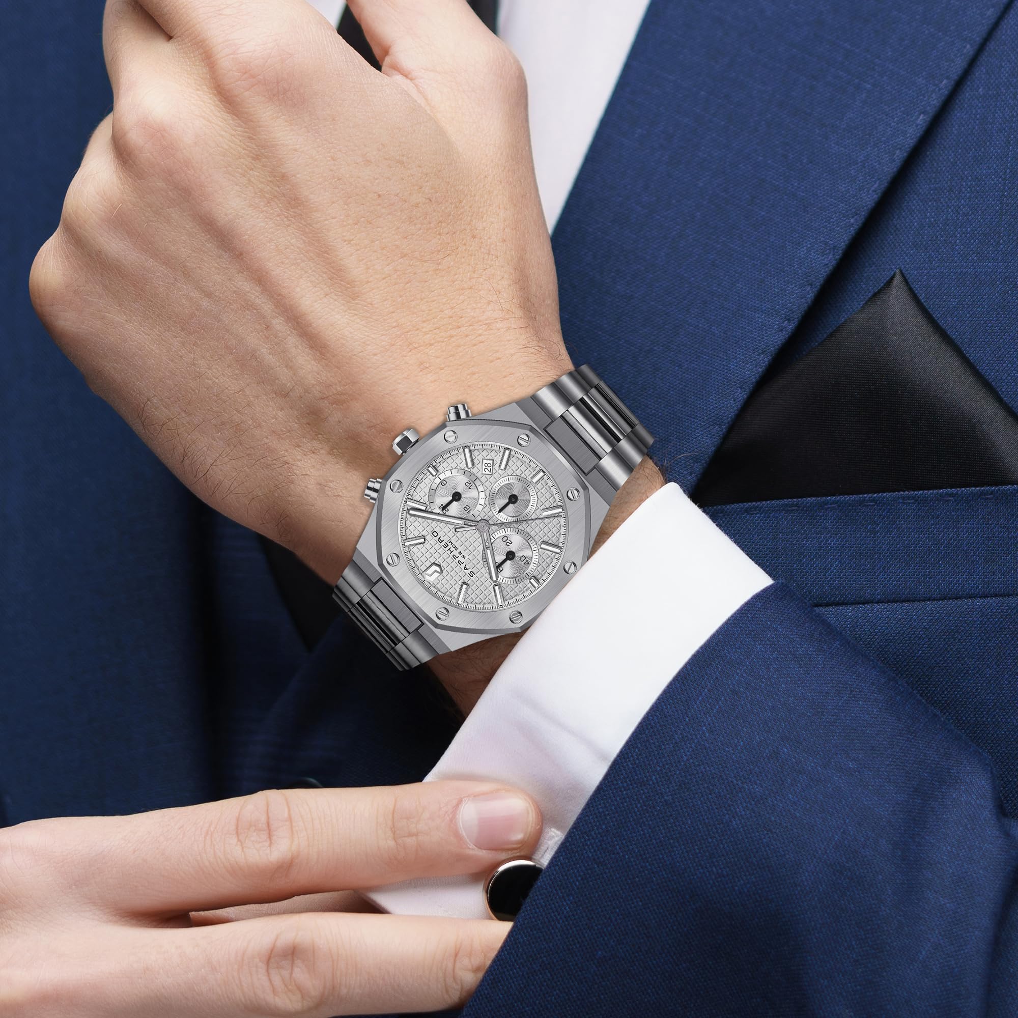 SAPPHERO Reloj para Hombre Reloj de Hombre Relojes de Pulsera para Hombres Impermeable Business Date Sport Time Moda Acero Inoxidable Plata-Azul