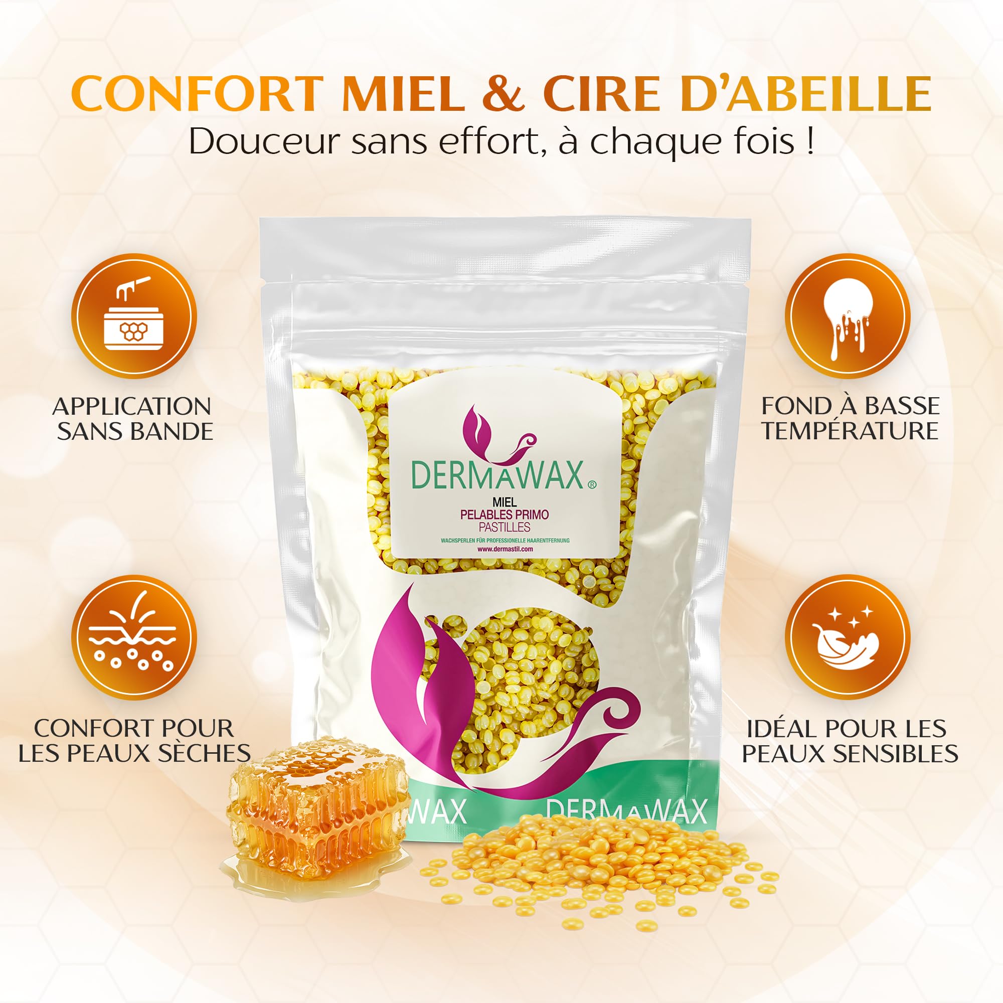 DERMAWAX Perles de Cire au Miel 1 kg - Cire Pelable, Épilation Sans Bande | Cire chaude professionnelle au miel et à la cire d’abeille, sans parfum ajouté - visage, corps et maillot, sans bandes