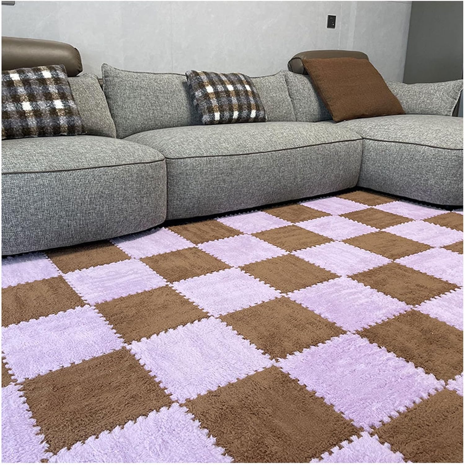 LoiYtrd Plush Carpet Puzzle Mats For Floor Interlocking Foam Floor Mat 30x30cm Carpet Square Fluffy Foam Tiles(Purple+Brown)