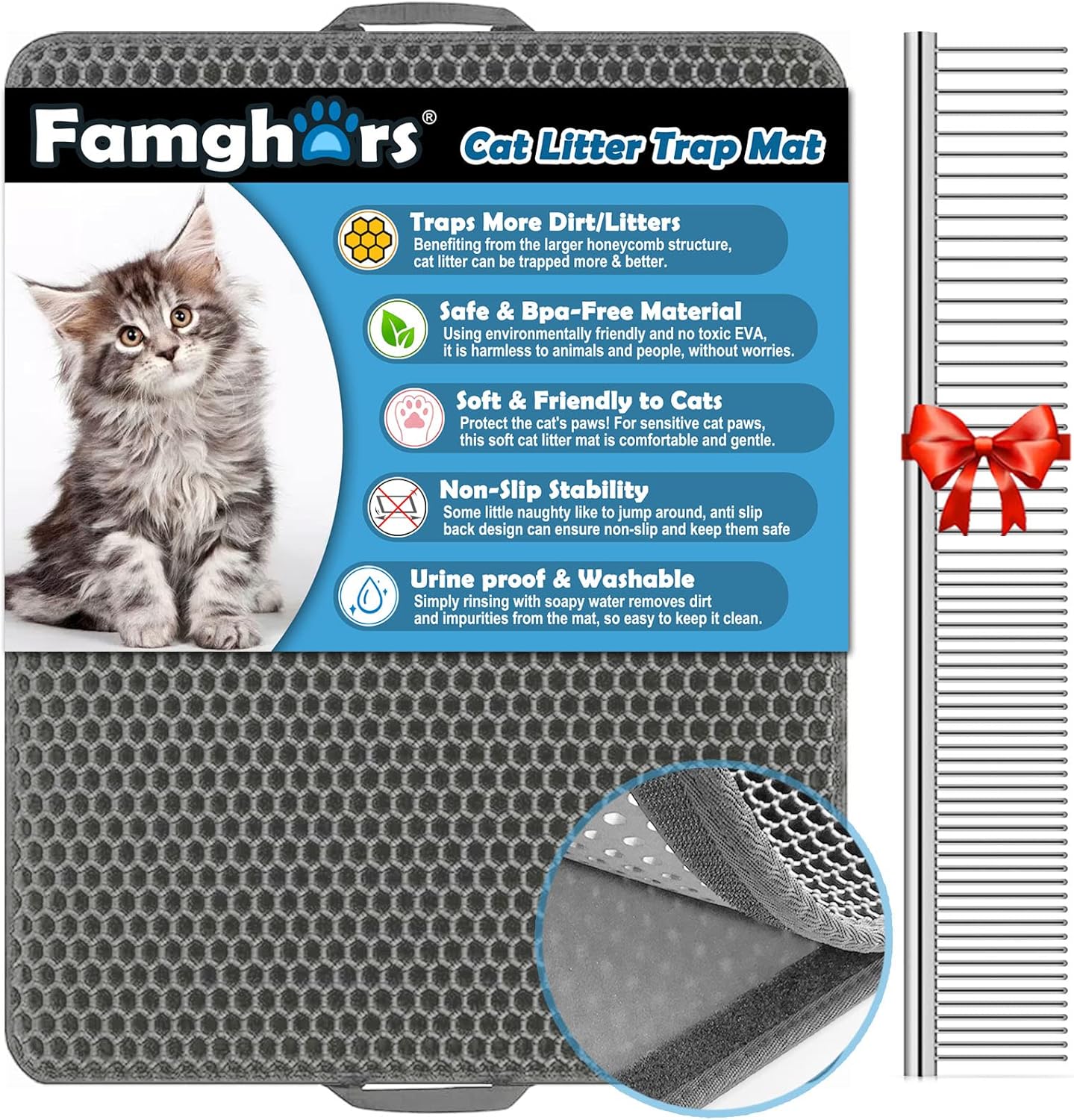 Cat Litter Mat & Cat Comb Set, Kitty Litter Trapping Mats with Handles, Large Cats