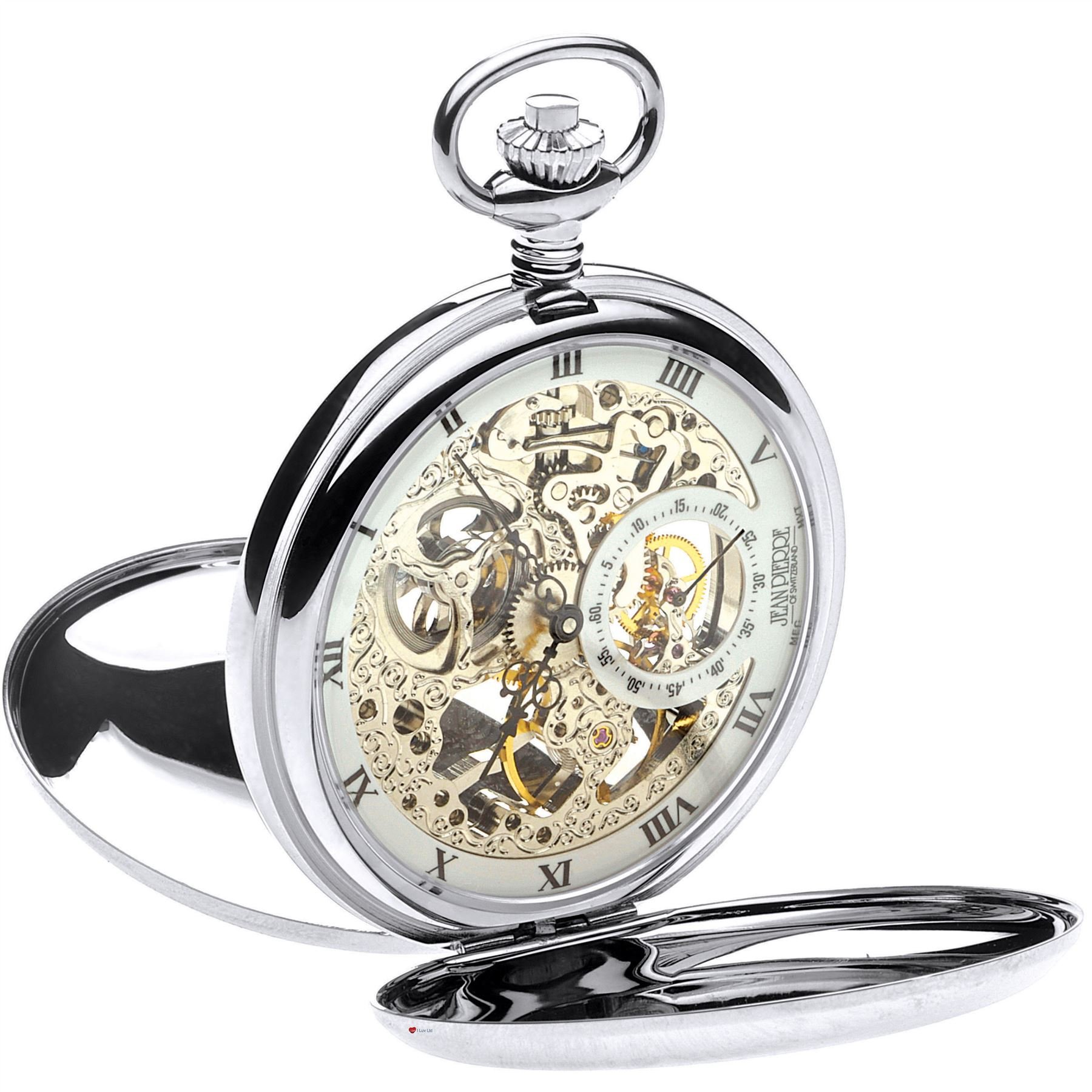 I LUV LTD Skeleton Full Double Hunter Pocket Watch 17 Jewelled Mechanical Chromed Case