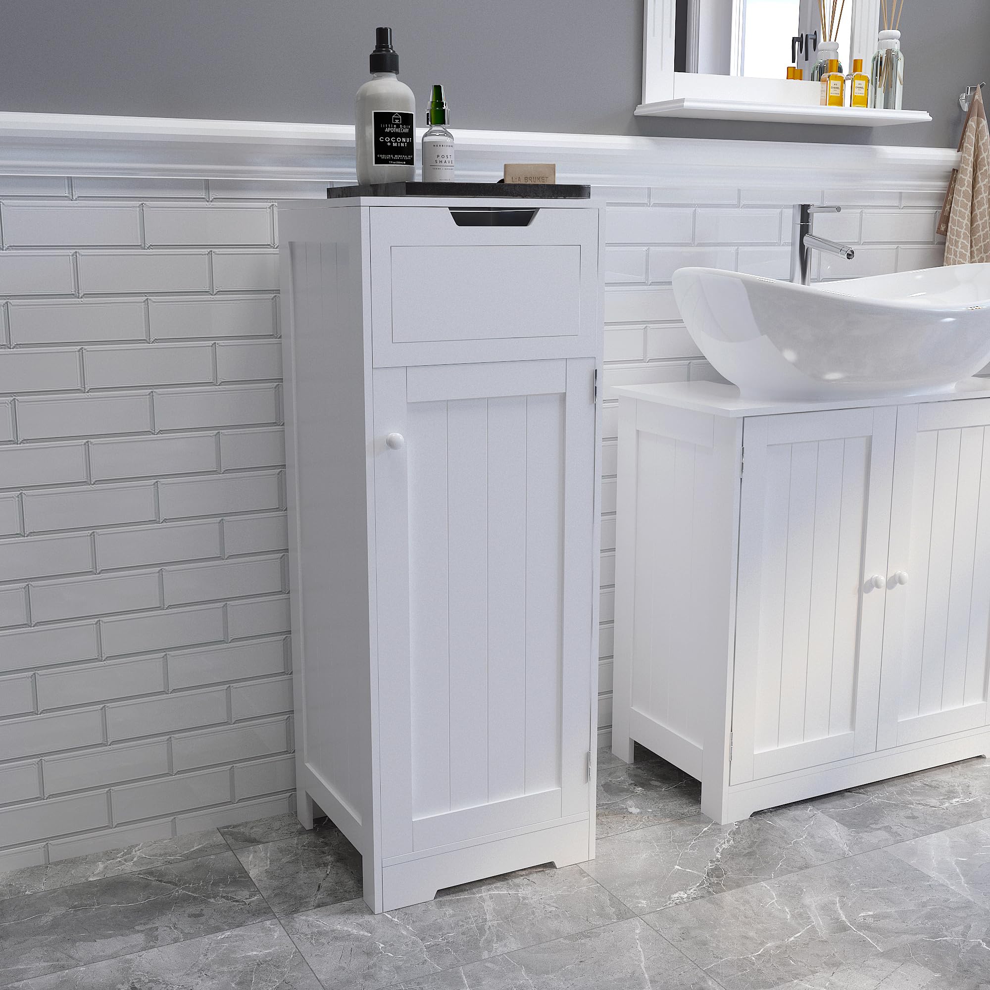 Mondeer Badschrank Schmal, Badezimmerschrank mit 1 Schubladen 1 Tür 2 Regal, 32x30x87cm Weiß MDF Holz Lackiertes, Badmöbel für Badezimmer Küche Wohnzimmer Eingang
