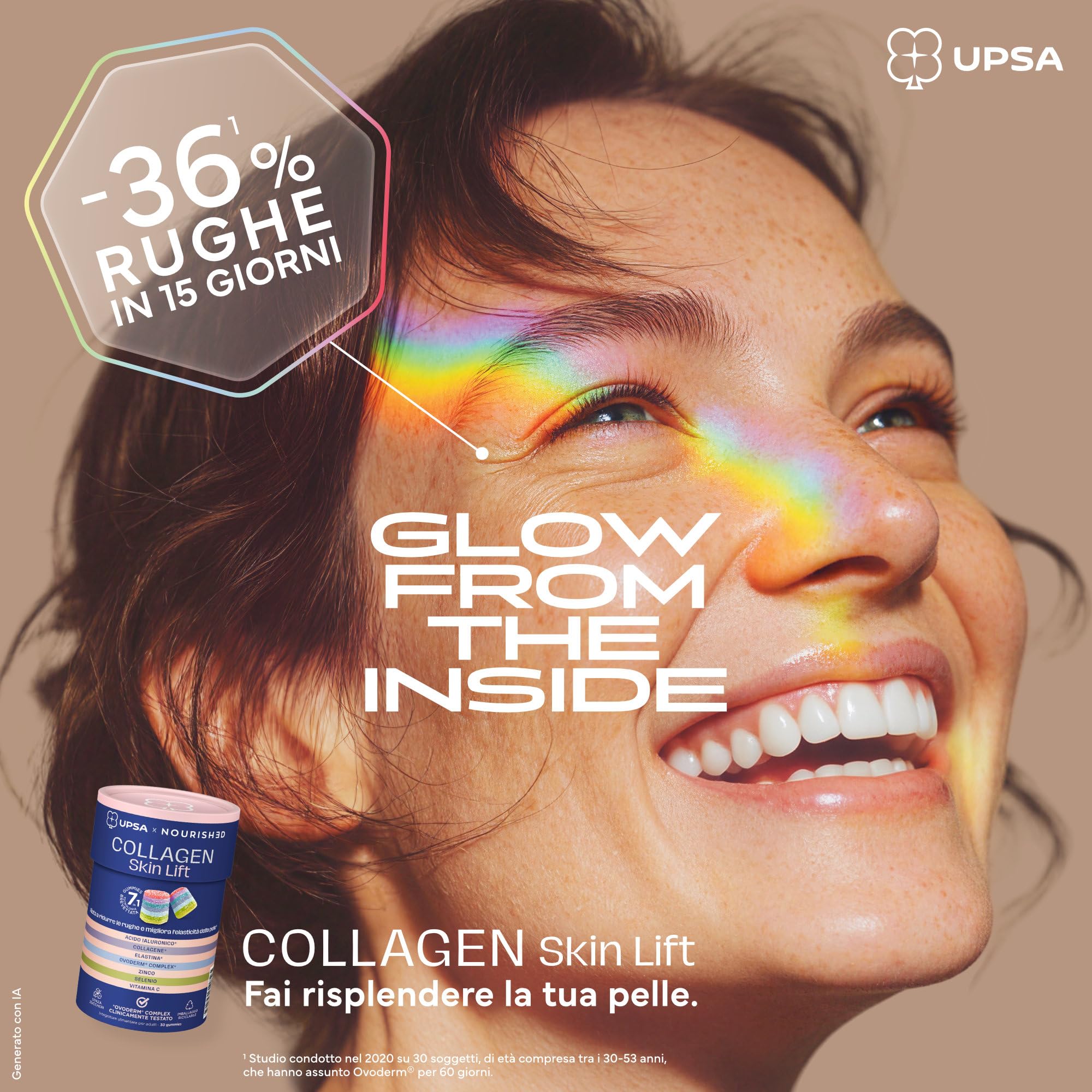 UPSA x Nourished Collagene Skin Lift, 30 Gummies, Integratore Alimentare con Acido Ialuronico ed Elastina, Caramelle Gommose Gusto Frutta, Senza Zucchero, Vegetariano