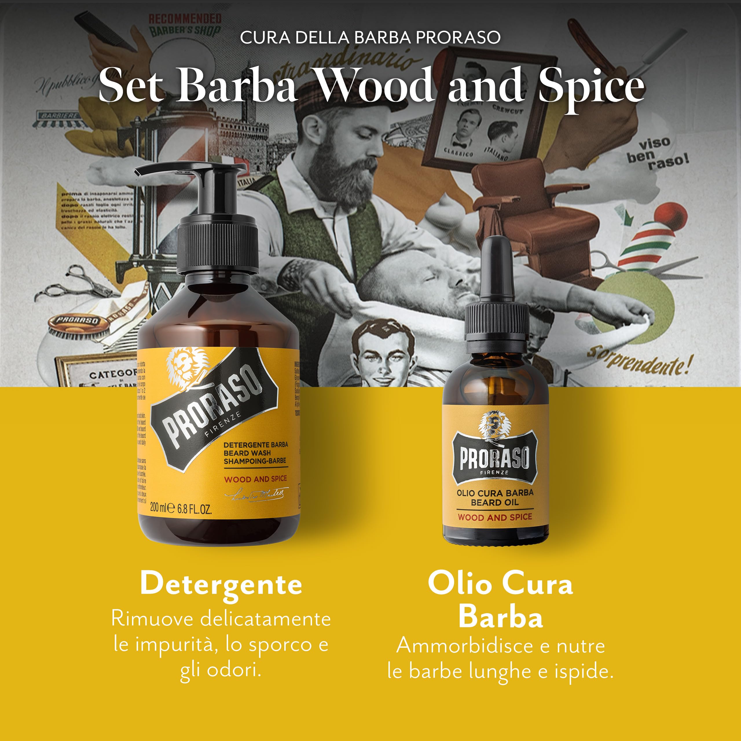 Proraso Set per Cura della Barba Lunga Wood and Spice, Set con Detergente Barba 200 ml e Olio Barba 30 ml dalla fragranza speziata e legnosa, Made in Italy