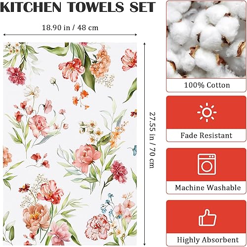 Miniatura 4 de Toallas de cocina de flores de acuarela, juego de toallas de cocina 100% algodón de 20 x 27.5 pulgadas, multiusos, de secado rápido, paños de