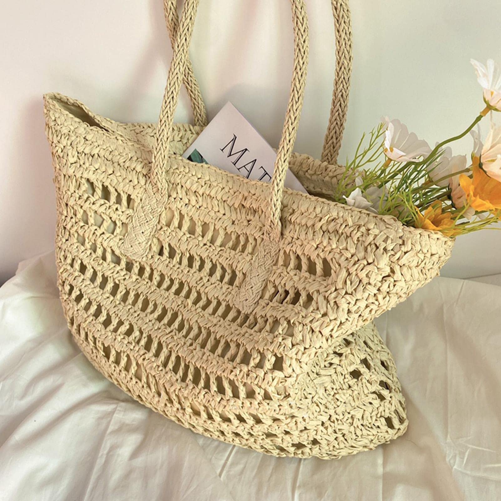3 sztuki Duża torba ze słomy | Ręcznie tkana torba rattanowa Ręcznie wykonana torba na ramię ze słomą plażowa Summer Bag,Słomkowa torba plażowa dla kobiet, duża tkana letnia torba Torebka Torba na