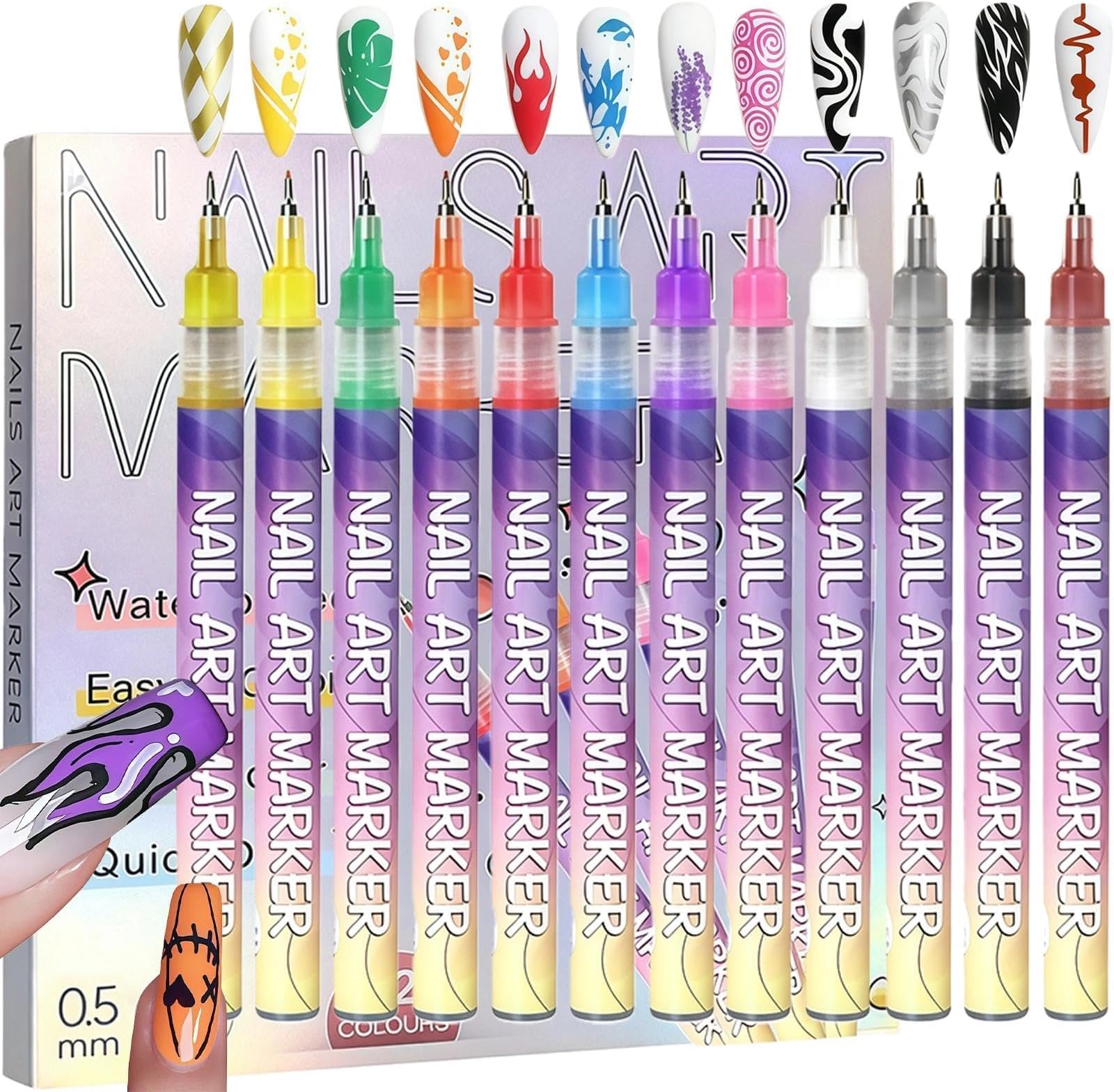 – Nail Art Pens Set - 12 Colors 0.5mm Fine Tip Gel Markers, Quick-Dry Nail Paint Pens for Dotting, Lining, Painting, DIY 3D Nails Design Tool Kit for Beginners & Professionals