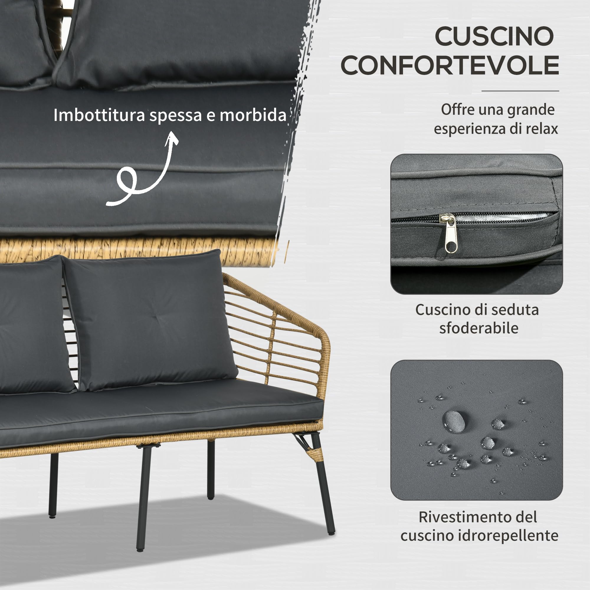 Outsunny Set Mobili da Giardino in Rattan 4 Pezzi Marrone e Grigio Scuro | Salotto da Giardino Esterno, Divanetto 2 Posti, 2 Poltrone con Cuscini, Tavolino con Piano in Vetro, Piedi Regolabili