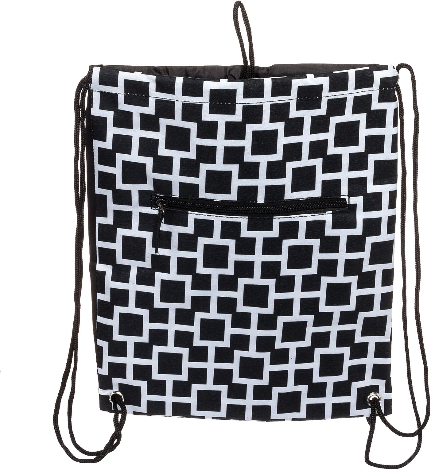 Womens 15 inch Sling Sack Drawstring Bag (Black & White Geo Squares)