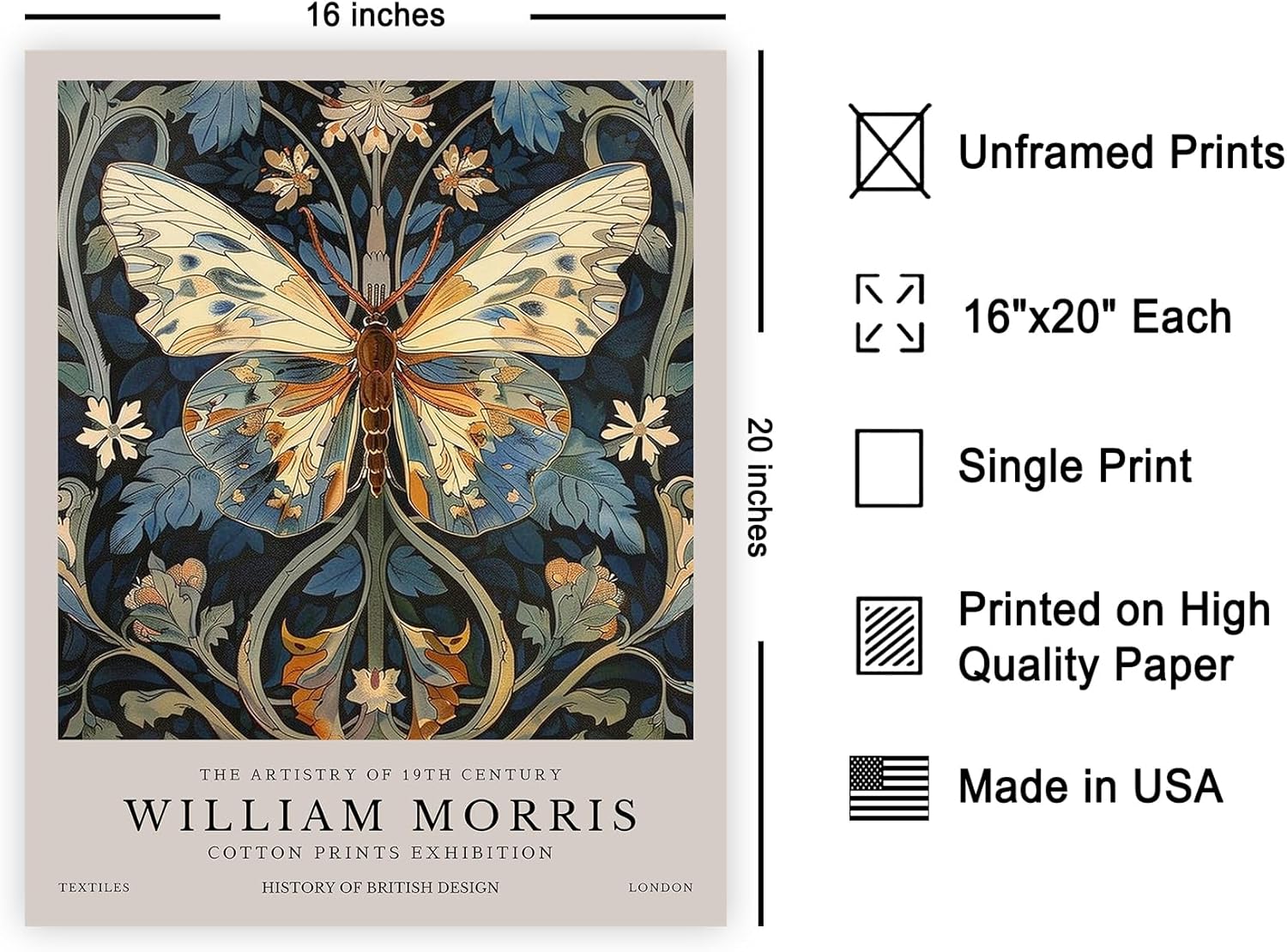 Poster Master William Morris Poster - Butterfly Print - Botanical Art - Animal Illustration - Floral Illustration - Aesthetic Piece - Office or Living Room Wall Decor - 16x20 UNFRAMED Wall Decor