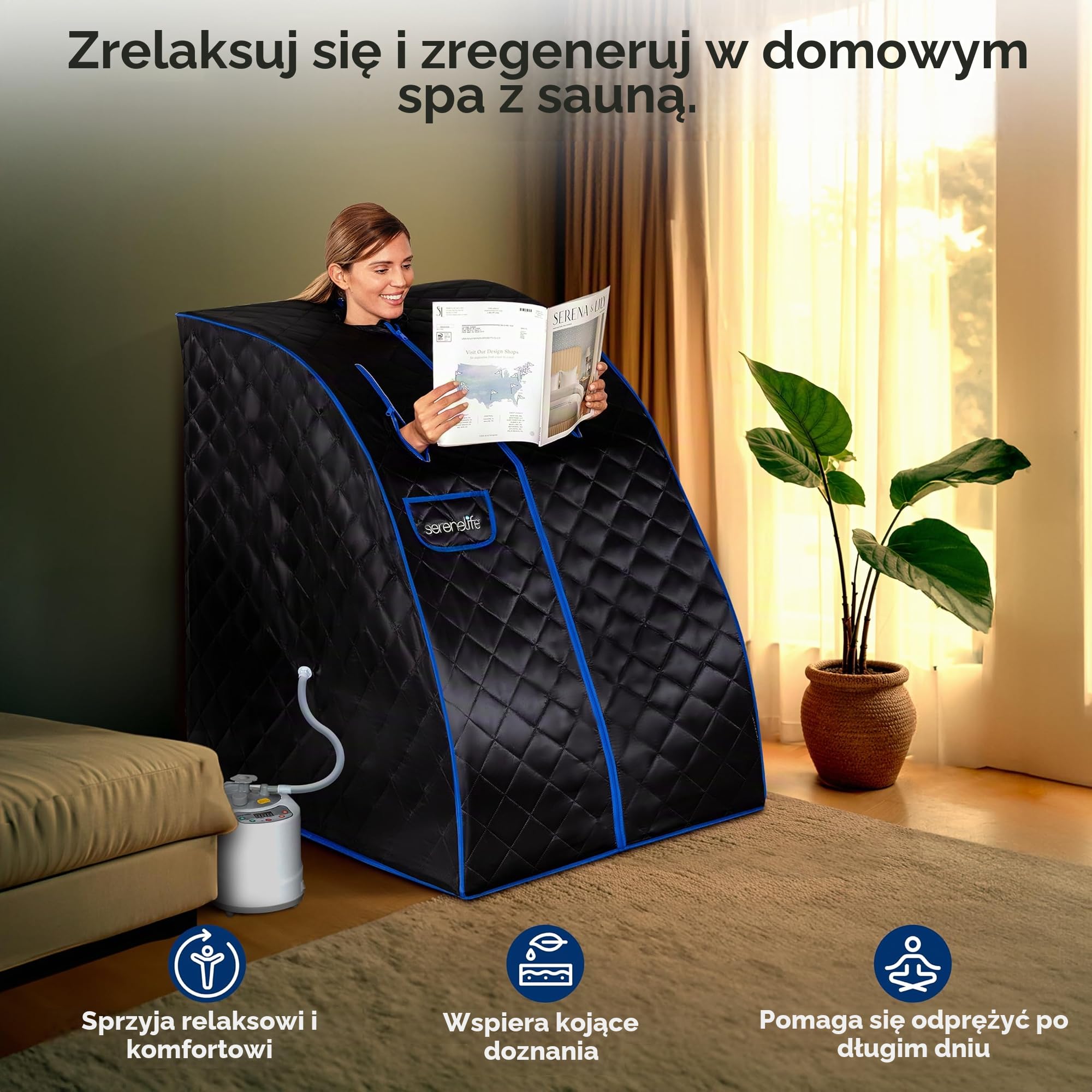 SereneLife Przenośna domowa sauna parowa dla jednej osoby, idealna do detoksykacji i utraty wagi, kolor czarny.