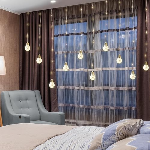 Miniatura 7 de Lycklig 300 luces LED de cortina de bola de deseos con control remoto, 8 modos de funcionamiento por USB, funciona con pilas, luces de cortina de