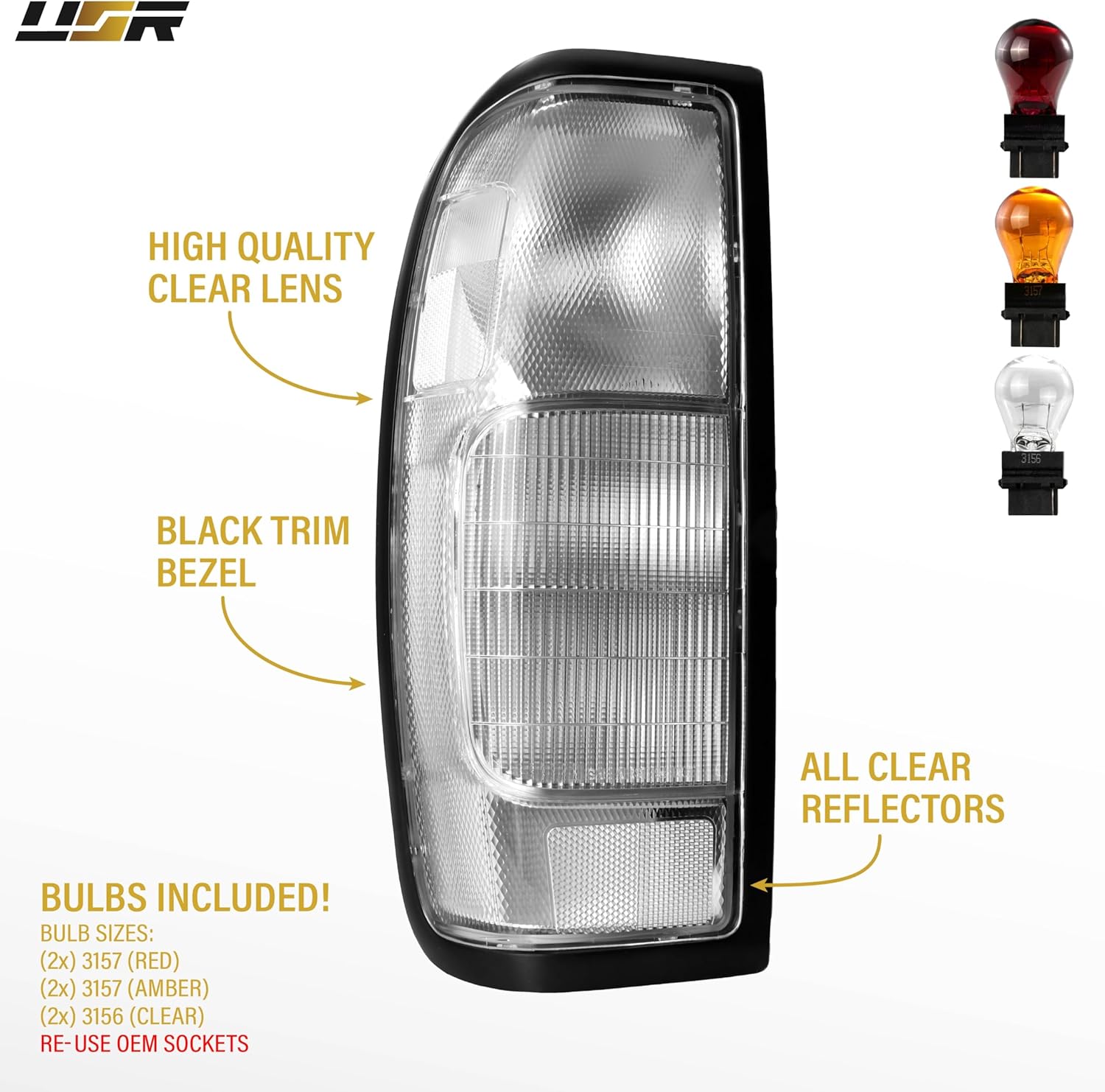 USR 98-04 D22 Pickup Truck Tail Light – Rear Tail Lamps Set (Left + Right) Pair - Compatible with 1998-2004 Nissan Frontier Pick Up Trucks All Models (CLEAR LENS TAIL LIGHTS with Bulbs)