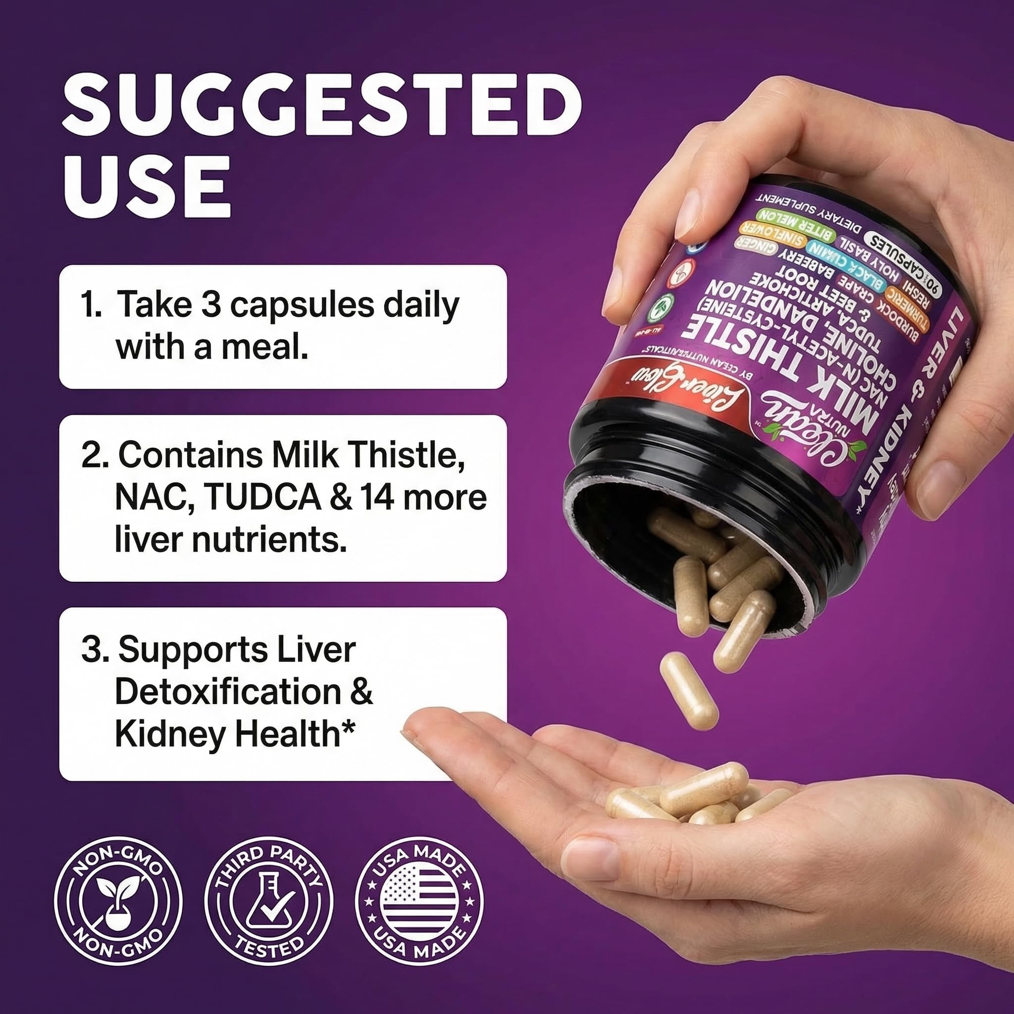 Clean Nutra Organic Milk Thistle Supplement | Liver Cleanse Detox & Repair + NAC Choline Dandelion Root TUDCA Artichoke Beet Root Burdock Holy Basil Kidney & Liver Support 90 Vegan Capsules — Amazon image 6