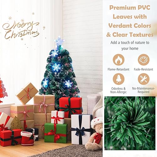 Miniatura 4 de Goplus Árbol de Navidad de fibra óptica preiluminado de 6 pies, árbol completo de Navidad artificial con coloridas luces LED de copo de nieve, 220