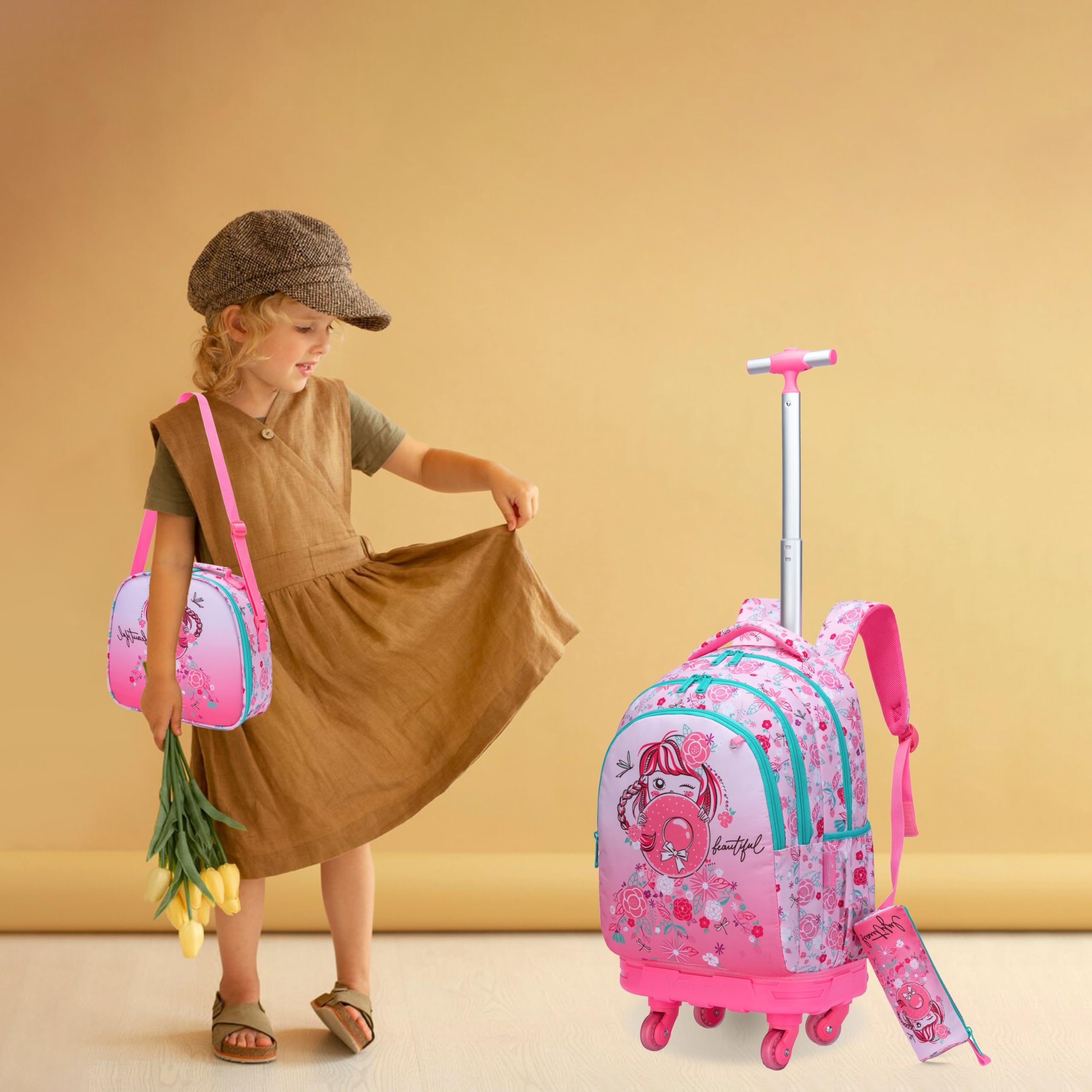 Set di 3 zaini con rotelle 45,7 cm per ragazze e ragazzi con borsa per il pranzo e astuccio, borse scolastiche, 18, Zaini da viaggio