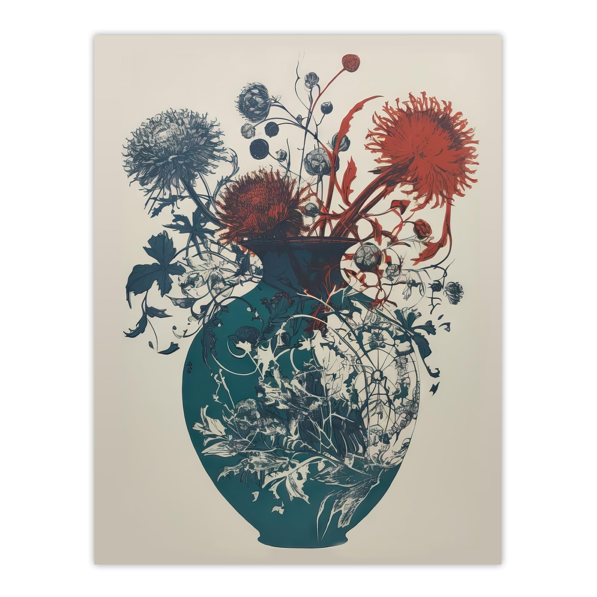 Artery8 Abstract Thistle Flowers Artistic Linocut Painting Teal Blue Red Scottish Bouquet Nature Colourful Bright Floral Modern Artwork Extra Large XL Wall Art Poster Print