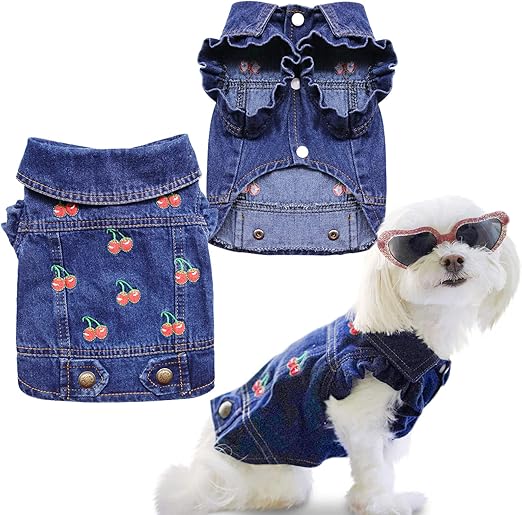 SILD Pet Clothes Dog Jeans Jacket Cool Blue Denim Coat Small Medium Dogs Lapel Vests Classic Puppy Hoodies (XS, Cherry)