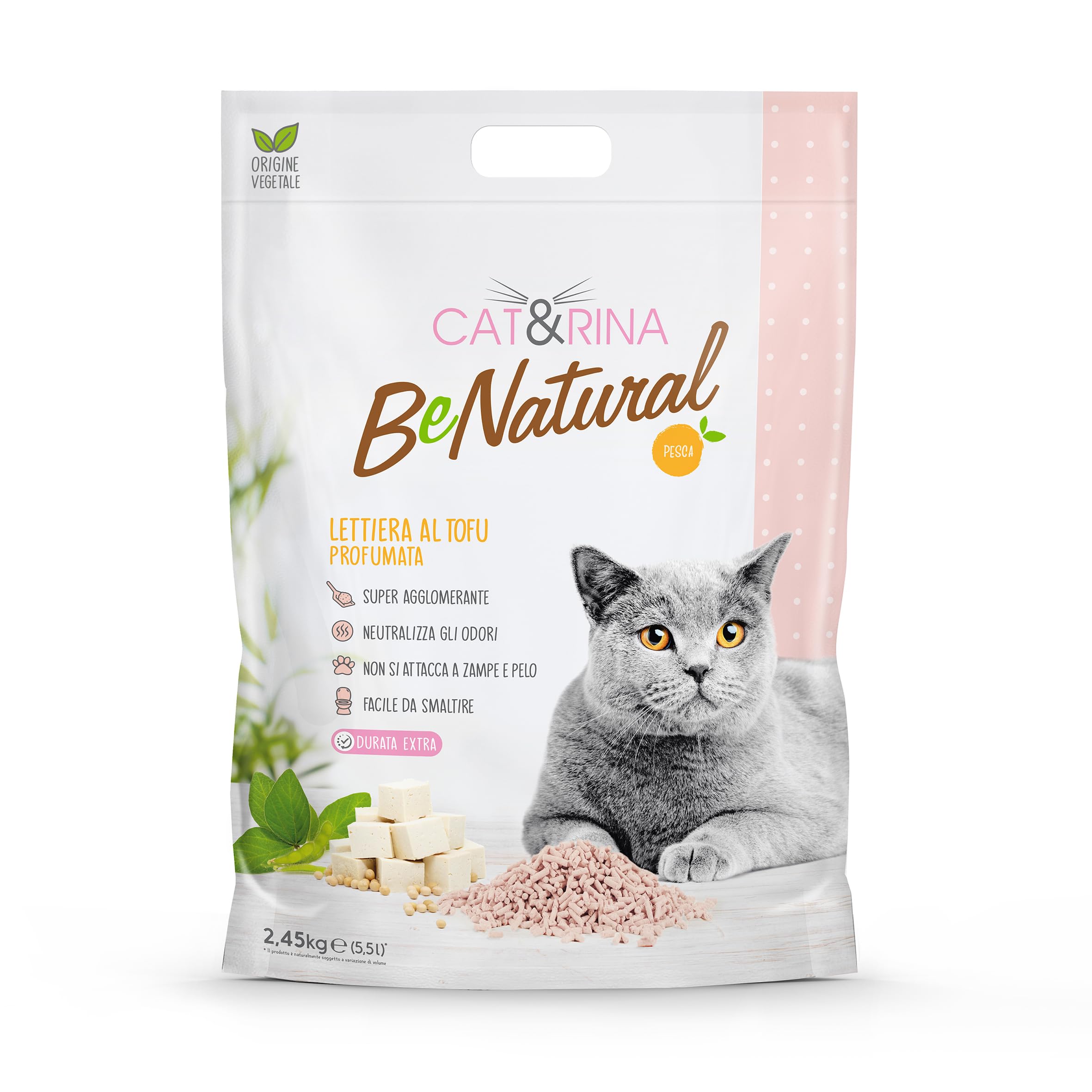 Cat&Rina lettiera vegetale per gatti al tofu da 5,5l. Si smaltisce nell'organico o nel wc. Sabbia anti odore, Profumazione Pesca, 12 pezzi