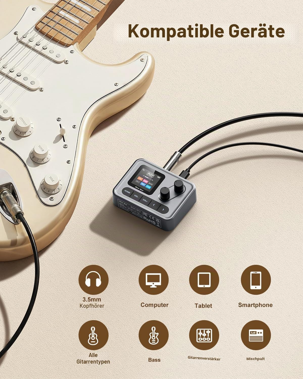 New Bee Guitar Pedal 6 Effektmodule 80 Presets Multieffektgerät Gitarre Wiederaufladbar OTG-interner Aufnahmemodus Effektgerät Gitarre mit Clip-On-Design