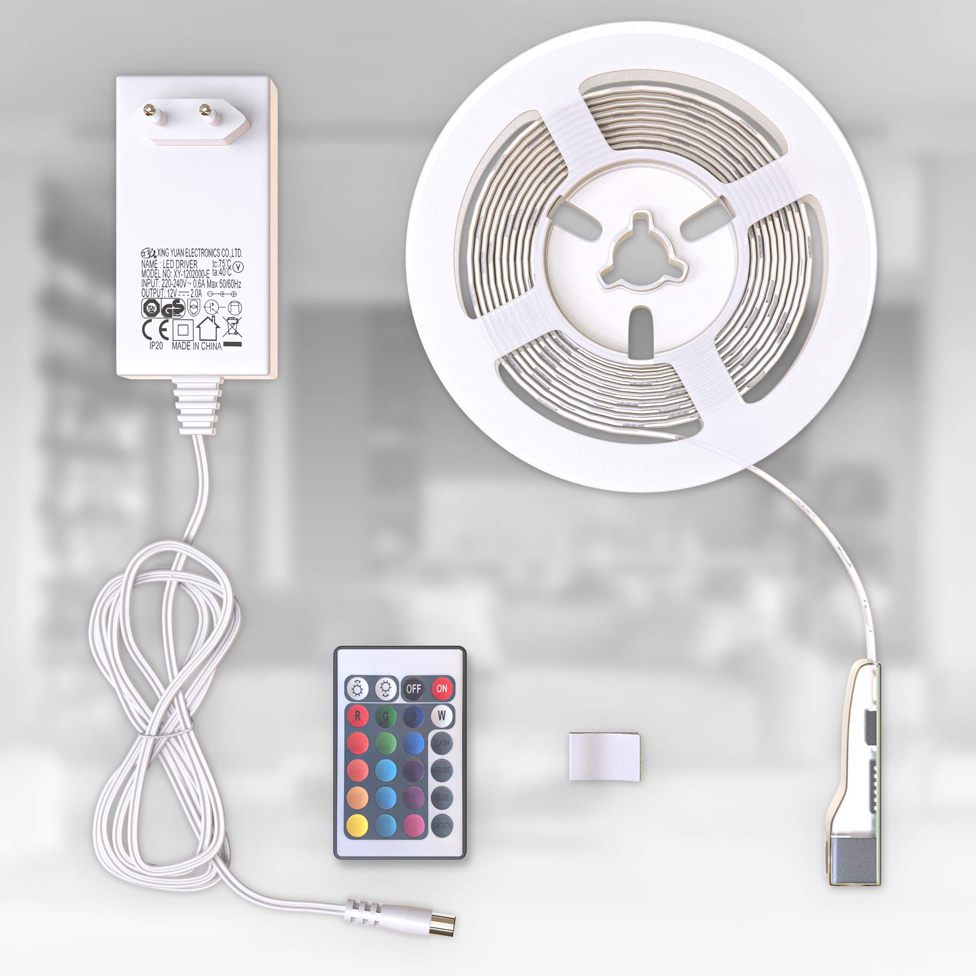B.K.Licht LED Strip 3m, recubierto de silicona, RGB, control remoto, autoadhesivo, cambio de color, acortable, Tiras LED, cadena de luz, cinta, tiras, tira LED, tira de luz LED, blanco
