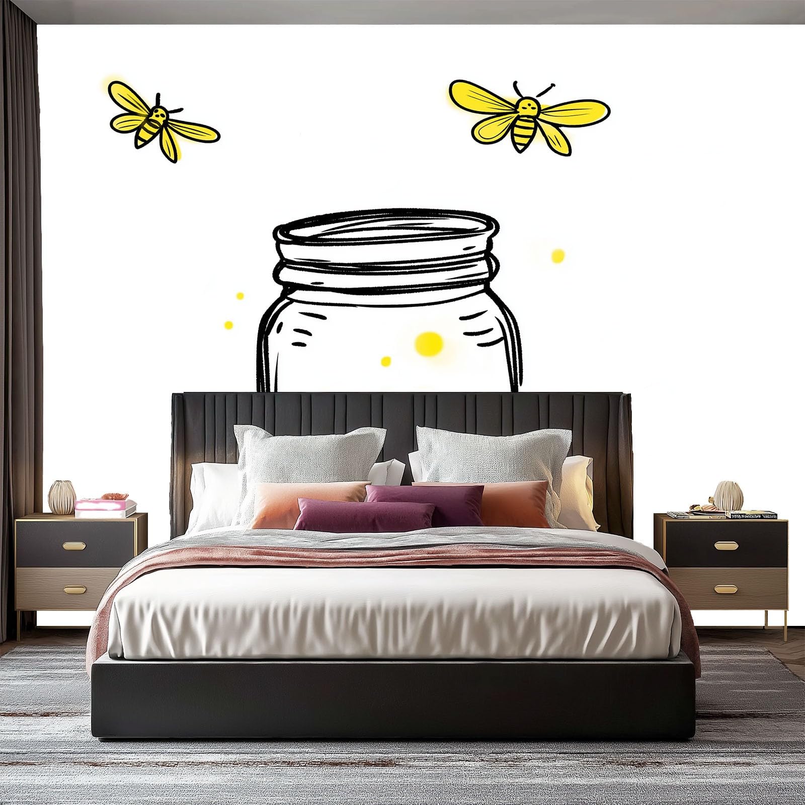 Tapeta z włókniny na ścianę TV do salonu i sypialni 300 x 210 cm, styl ręcznie malowany, motyw kreskówkowy, motyw robaków, tapeta łatwa do nałożenia i usunięcia - trwała, biała
