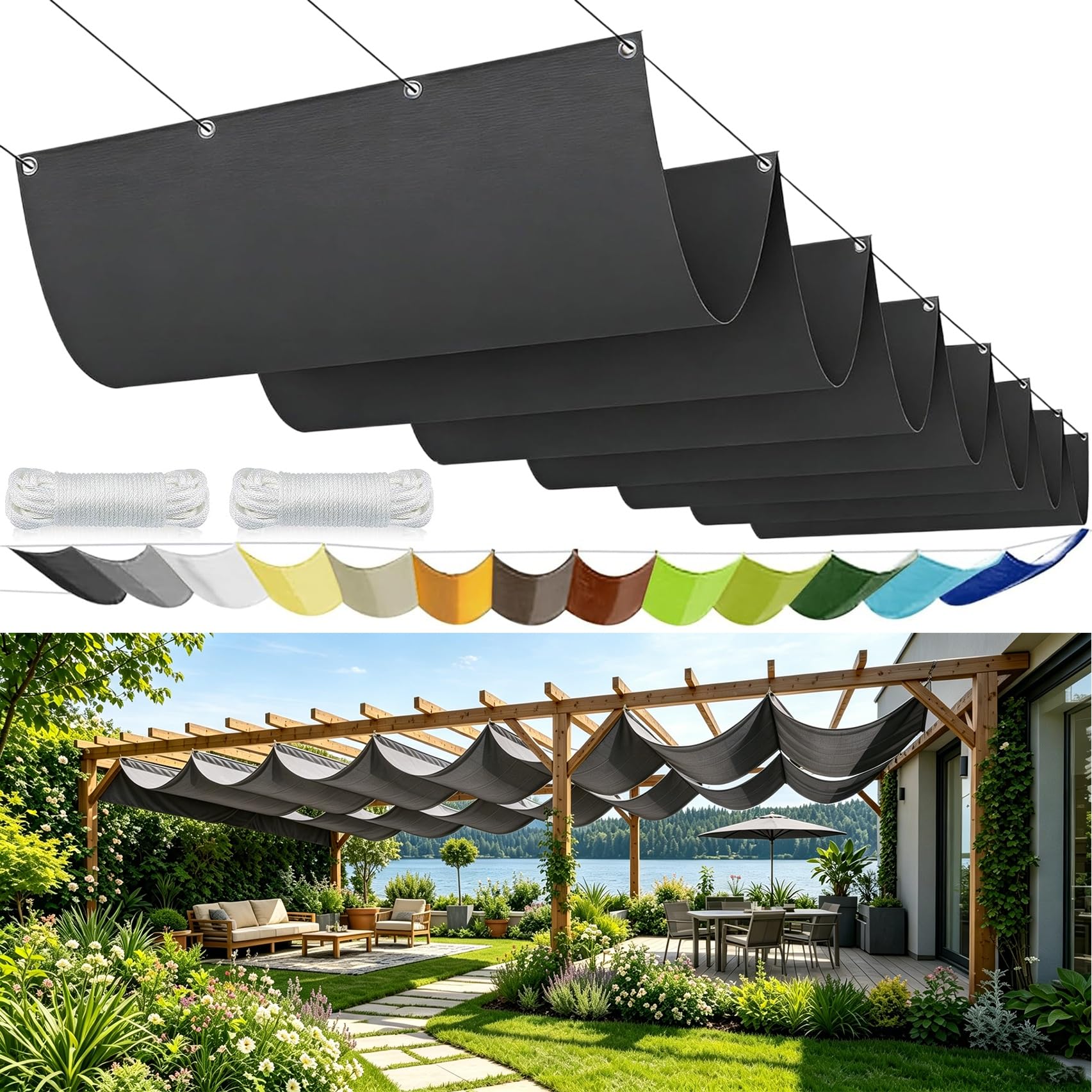 Rozwijana Osłona Przeciwsłoneczna 220 x 500 cm Wodoodporny, Filtr UV 98%, Ochrona Przed Wiatrem, Wzór Fali, Możliwość Personalizacji Regulowana Markiza Na Wymiar Na Werandę, Do Ogrodu, Ciemny szary