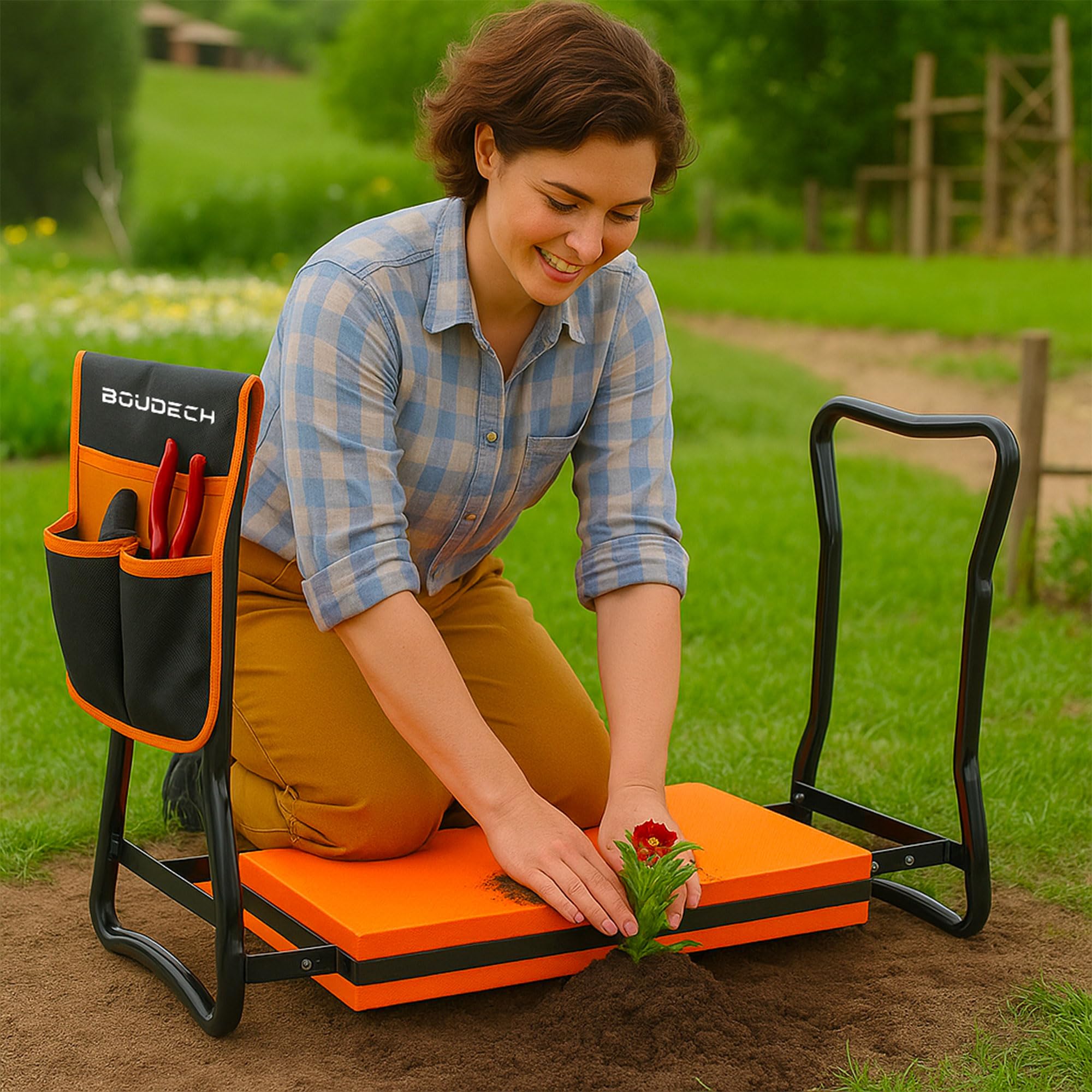 BOUDECH Ergogard - Tabouret à genoux multifonction 2 en 1 pour jardinage avec sac porte-outils, noir et orange