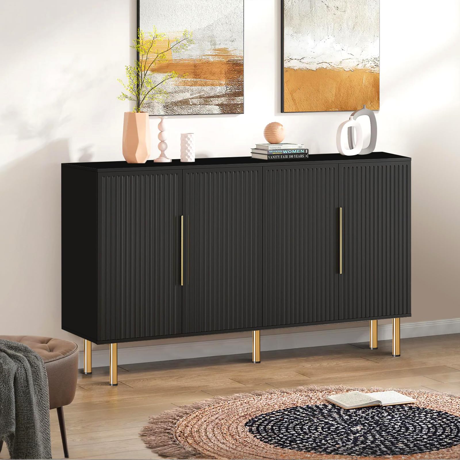 ZYLTHORN Buffet Cabinet with Storage, Credenza Storage Cabinet with 4 Doors, Black Modern Sideboard for Living Room Hallway and Kitchen Coffee Bar