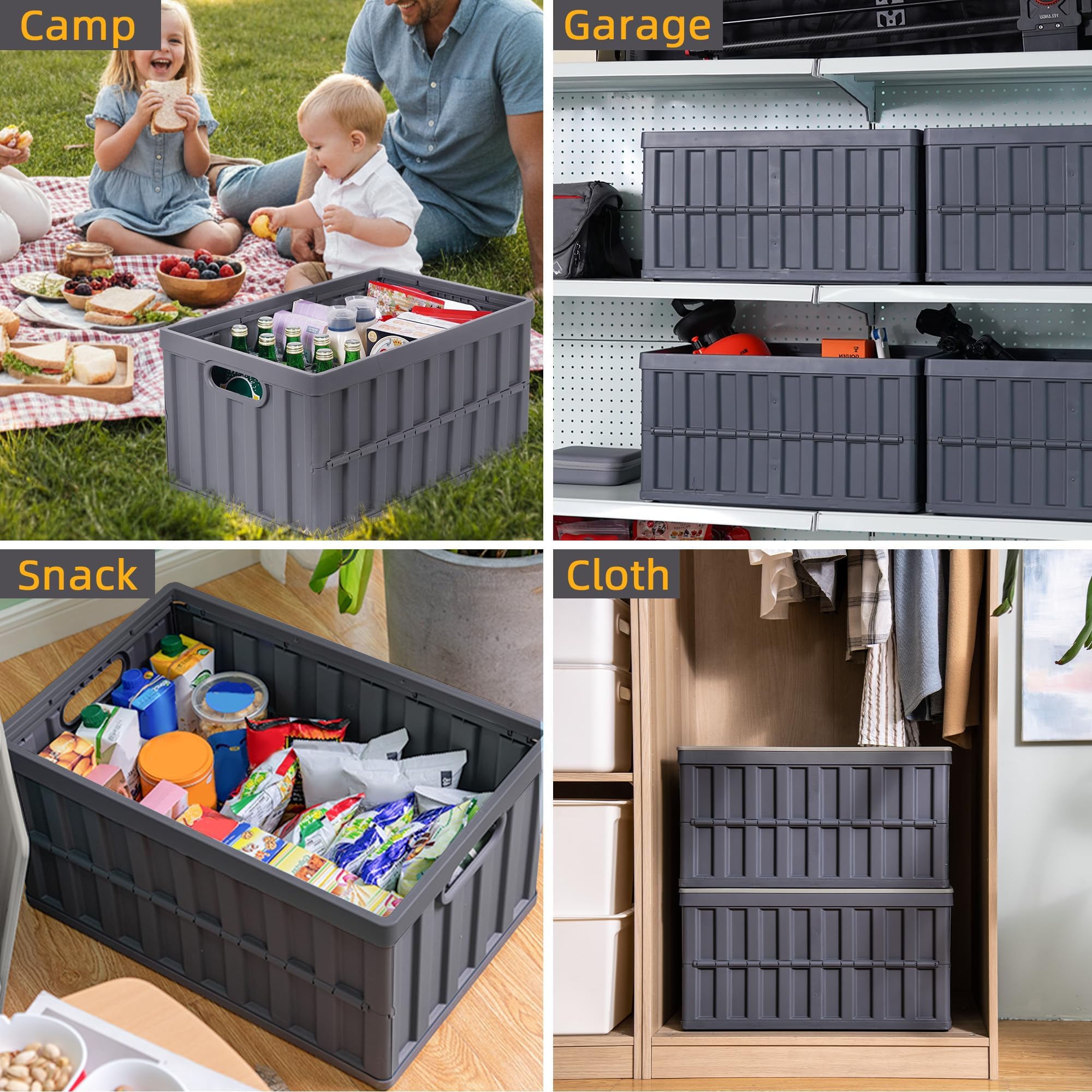 4er Set 64L klappbox Faltbar Stabil Plastik Faltbox, Campingbox Collapsible Transportbox für die Organisation große Heavy Outdoor, Bad, Küche, Büro, Wohnzimmer (Grau)