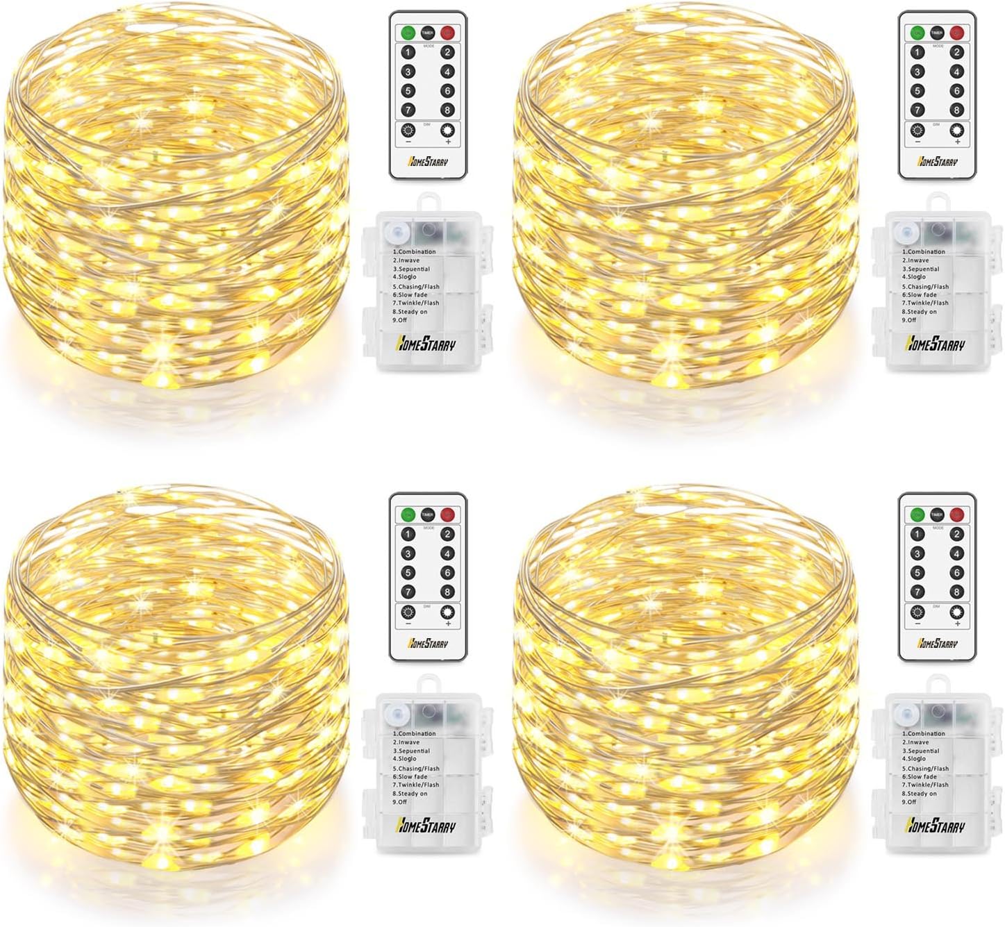 Homestarry 4 Pack Fairy String Lights Battery Operated Waterproof 8 Modes Remote Control, 66 LED's, 16.4 ft, Warm White