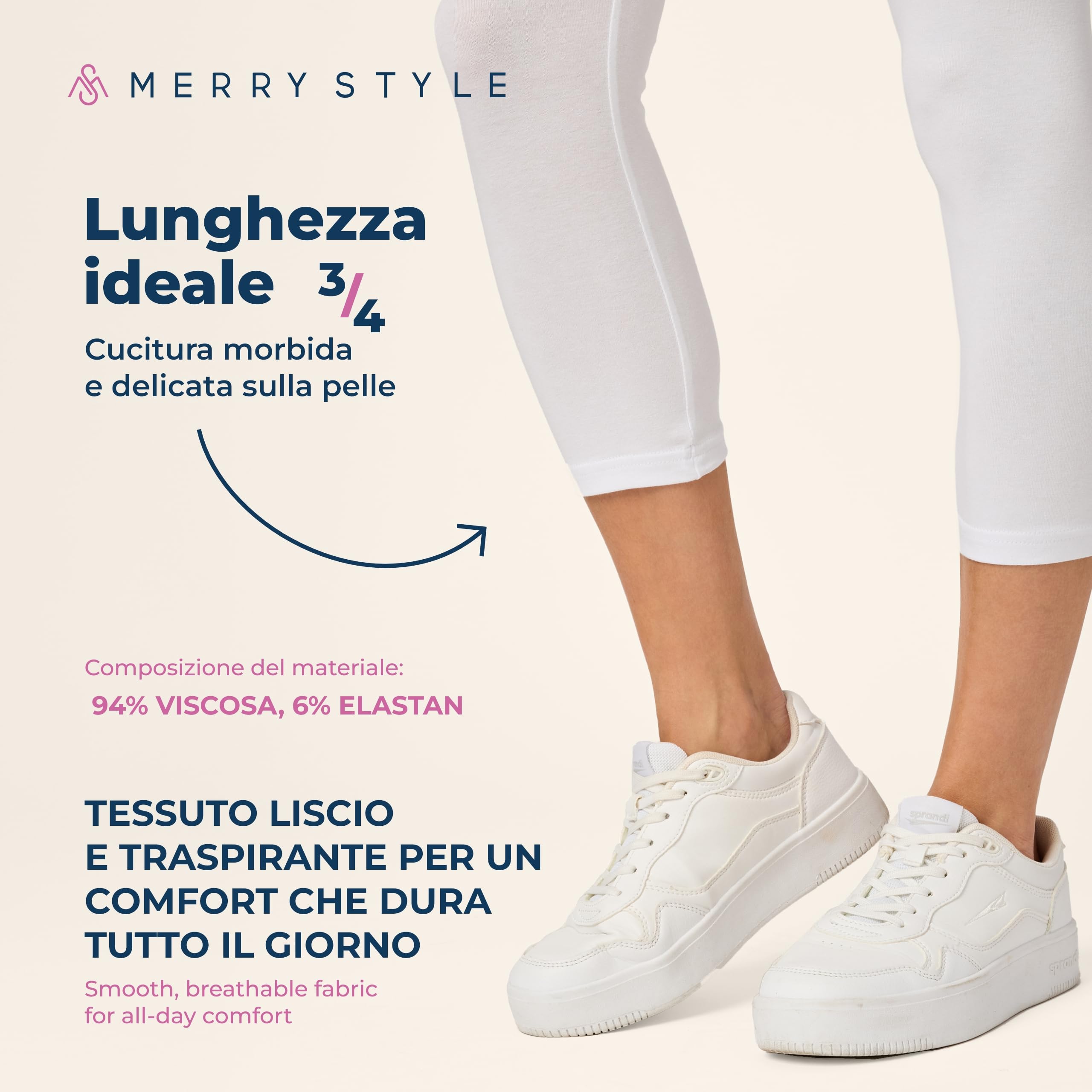 Merry Style Leggings Donna 3/4 Pantaloni Capri Morbidi e Confortevoli Leggins Donna in Cotone Traspirante Elastici e Delicati sulla Pelle Sensibile MS10-199