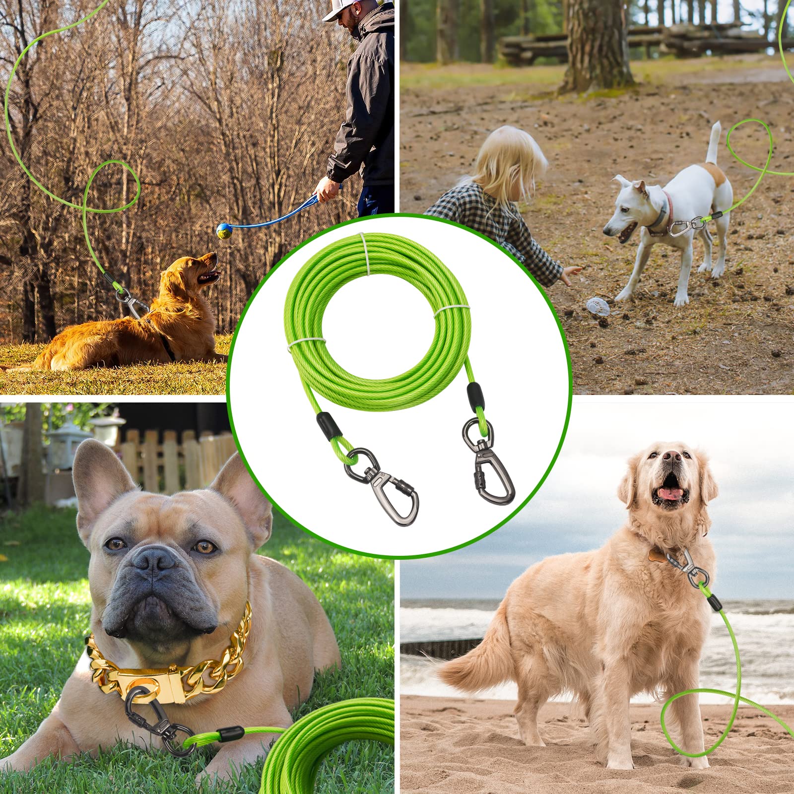 Cavo per legare i cani, lungo guinzaglio per cani, per cortile, resistente, resistente, lungo guinzaglio per addestramento cani all'aperto in campeggio o cortile (verde, 15 m)