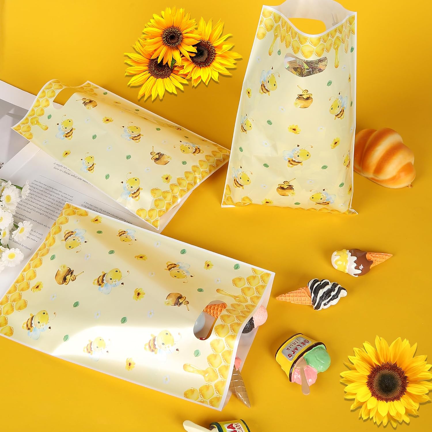 Mikzhskr 25Pcs Bee Party Favor Bags with Handles Plastic Waterproof Goodie Candy Snacks Bag Yellow Gift Pack for Honeybee Themed Birthday Party Decoration Honey Business Supplies, 9.8 x 6.3 in image 4