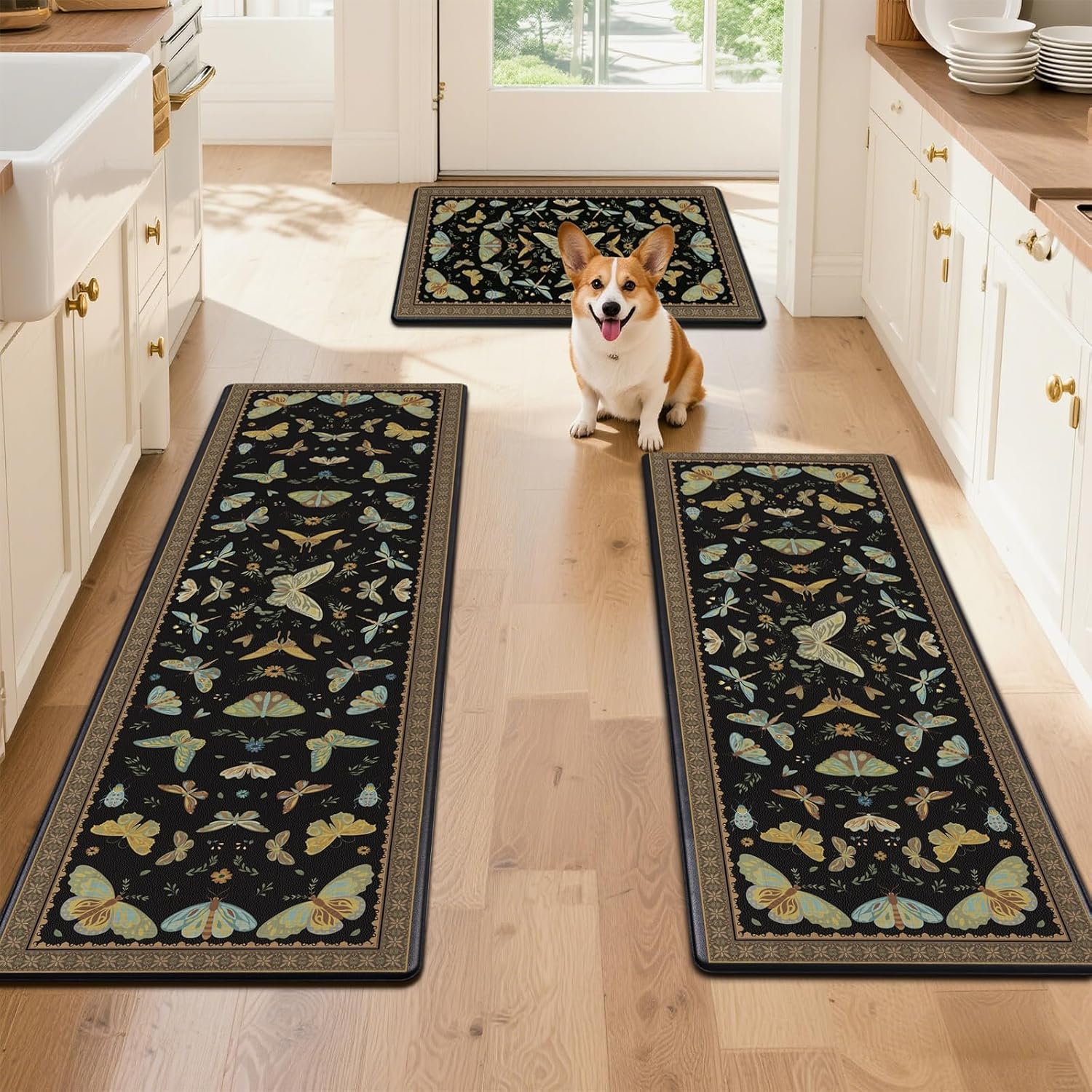 Yinhua Kitchen Rugs Sets of 3, Black Insect Kitchen Rugs Non Slip Washable, Farmhouse Anti Fatigue Mats for Kitchen Floor, PVC Waterproof Rug for Spring Summer, 18''x30''+18''x48''+18''x60''