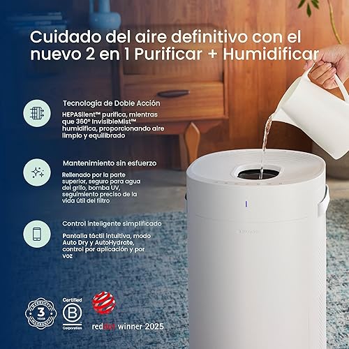 Miniatura 2 de BLUEAIR Purificar + humidificar 2 en 1 purificador de aire y humidificador con HEPASilent y tecnología InvisibleMist de 360, vertido superior -