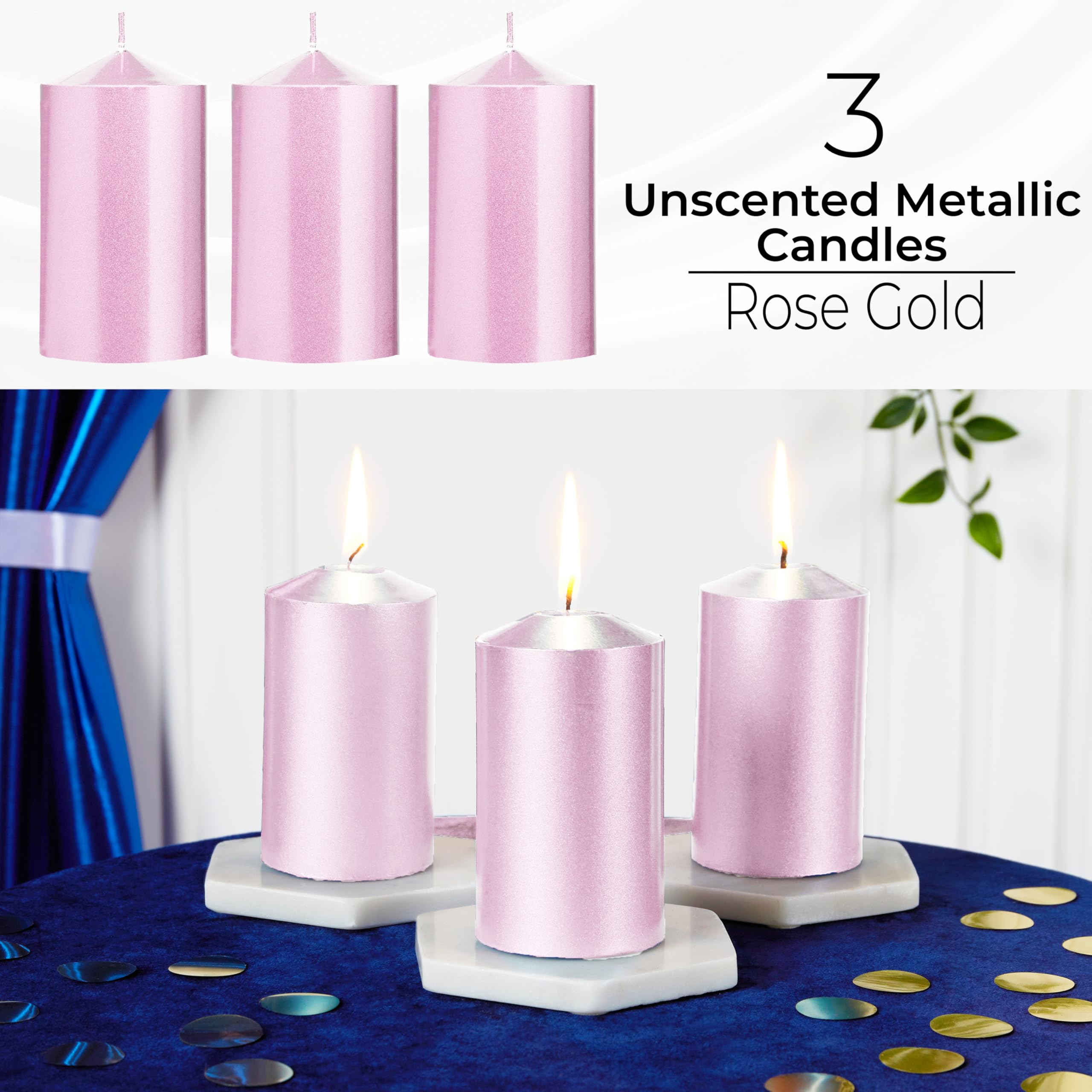 DECO EXPRESS Metallic Stumpenkerzen Set, 3er-Pack, Kerzen Lange Brenndauer, 30 Stunden, Geruchslos (Rose Gold - 3er-Pack) (Packung mit 2)