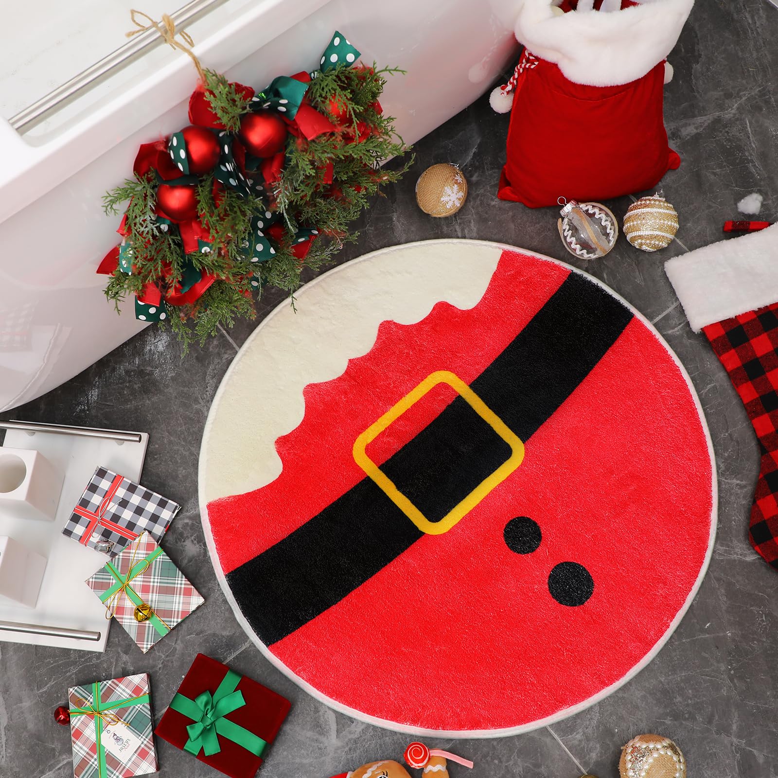 Timgle Large Christmas Round Bath Mat Decorative Bathroom Rug Christmas Snowflake Snowman Santa Claus Imitation Cashmere Non Slip Rug for Living Room Kitchen Bedroom Bathroom 27.56 Inch(Santa Claus)