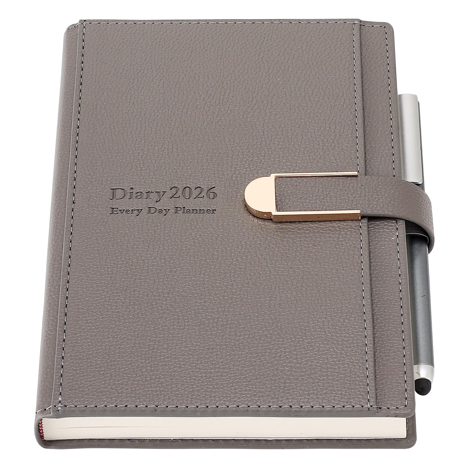 Schülerkalender 2026, Tag pro Seite, A5, Januar 2026 bis Dezember 2026, Tagesplaner mit Stift, Hardcover, Sticker, Innentasche, hochwertiges, dickes Papier (Grau)