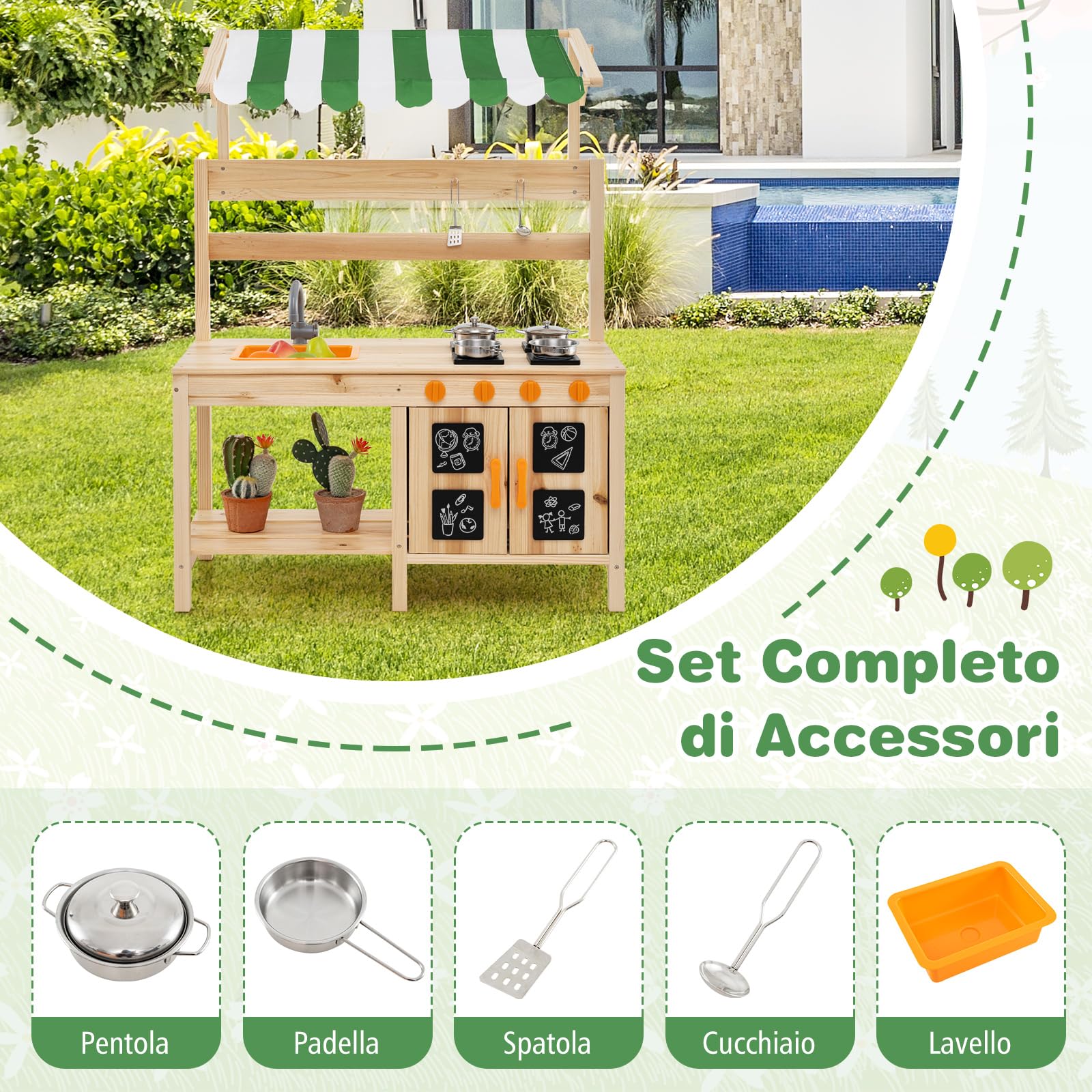 COSTWAY Cucina Giocattolo per Giardino in Legno di Abete, Cucina per Fango da Esterno con Tettoia, Fornelli, Ganci, 4 Lavagne e Lavello, Set Cucina con 5 Accessori, 88 x 39 x 117 cm