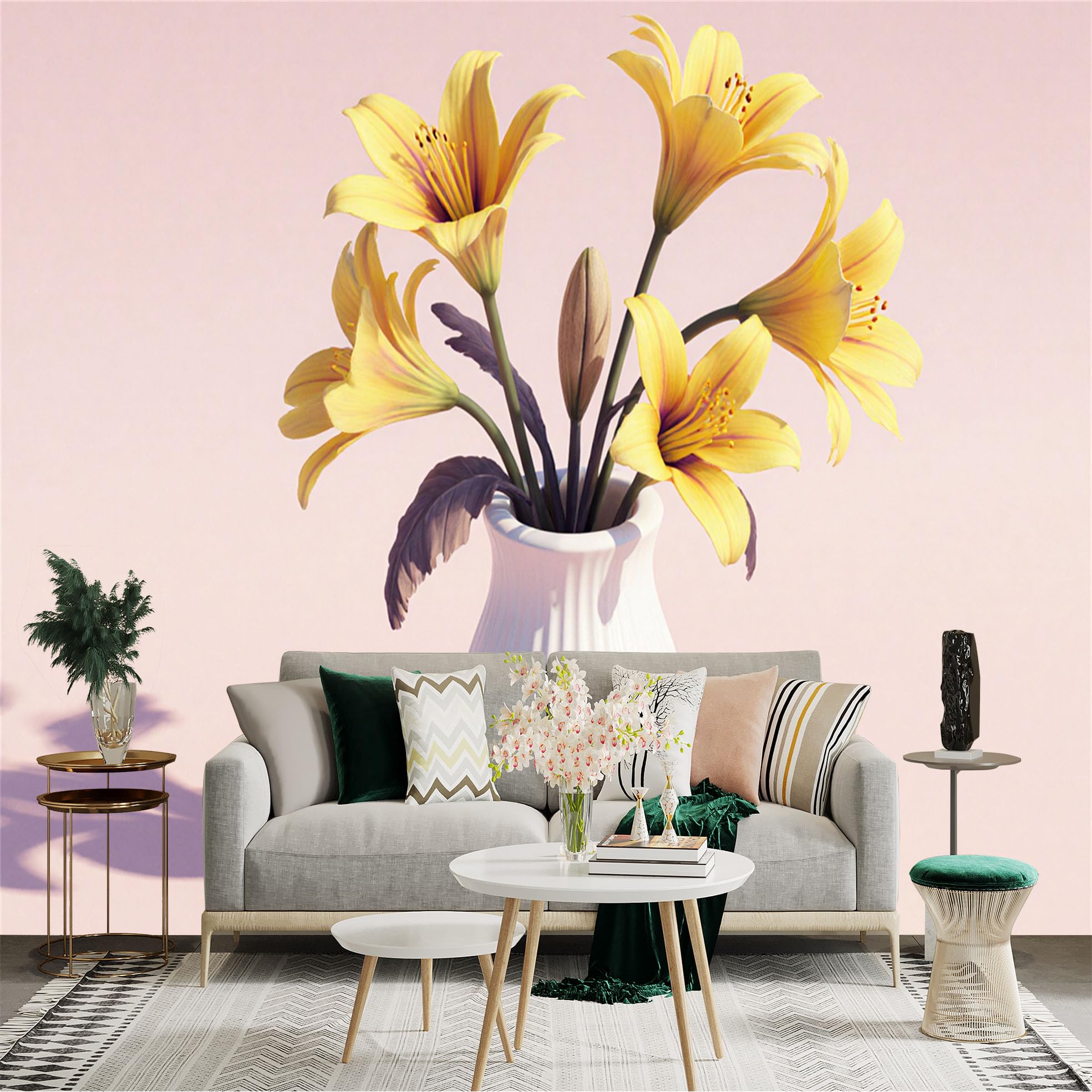 Custom Size Wall Sticker Mural， Yellow Lily Flowers in White Vase， Soft Pastel Background， Botanical Art， for wall Decoration， peelandstick wall Decals.