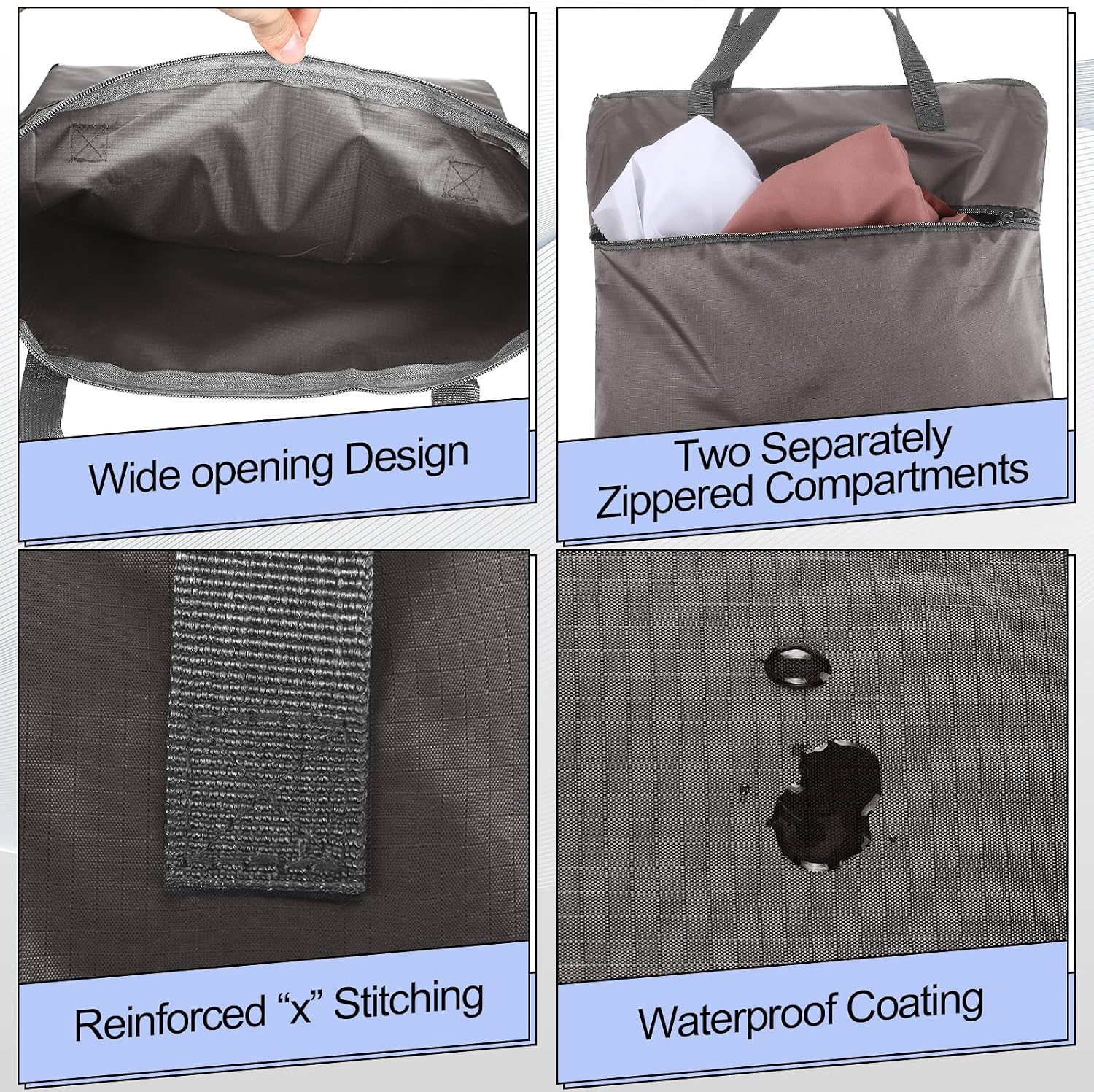2 Pcs Travel Laundry Bags Waterproof with Handle Dirty Clothes Bag for Traveling Hanging Laundry Hamper with Two Zippered Pockets Washable Reusable for Sports Home Travel College Dorm (Gray)