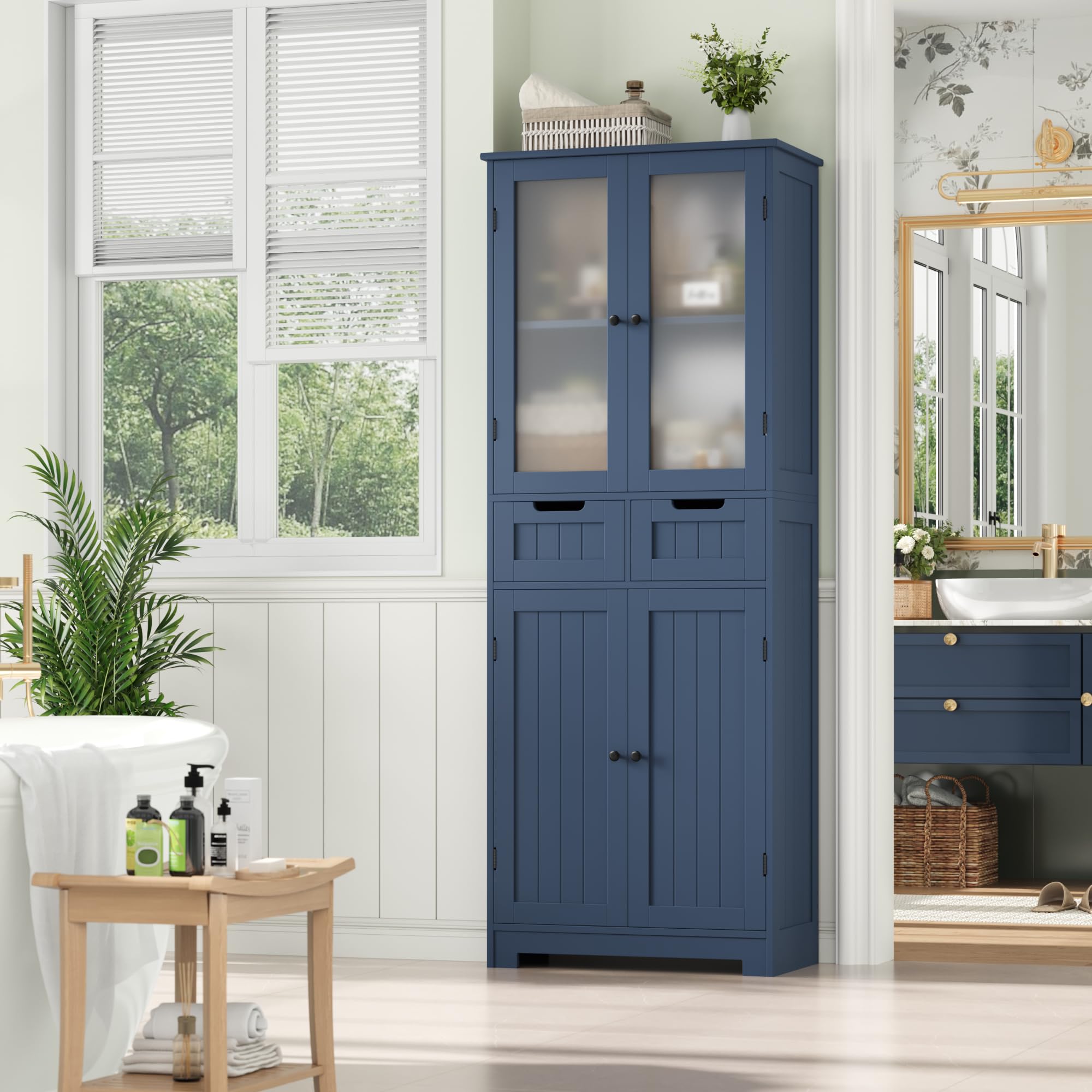 HOCSOK Sideboard, 170cm Küchenschrank Hoch, Buffetschrank mit 4 Türen und 2 Schubladen, Badezimmerschrank Hoch, Moderner Stil, Dunkelblau