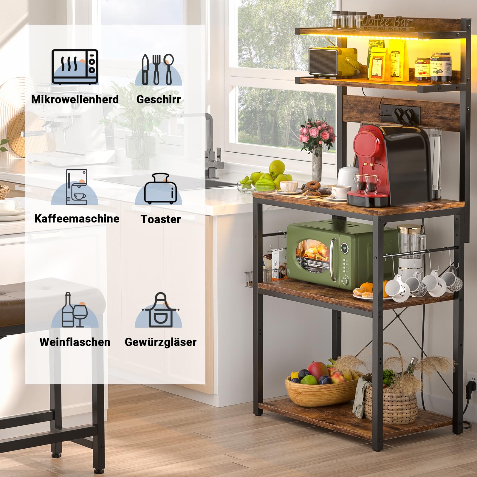 iSunirm Bäckerregal mit Steckdose, Mikrowellenständer, 5-stufige Kaffeebarstation mit LED-Leuchten, Küchenregal mit 6 S-förmigen Haken, Küchenregal für Gewürze, Töpfe und Pfannen, Rustikales Braun