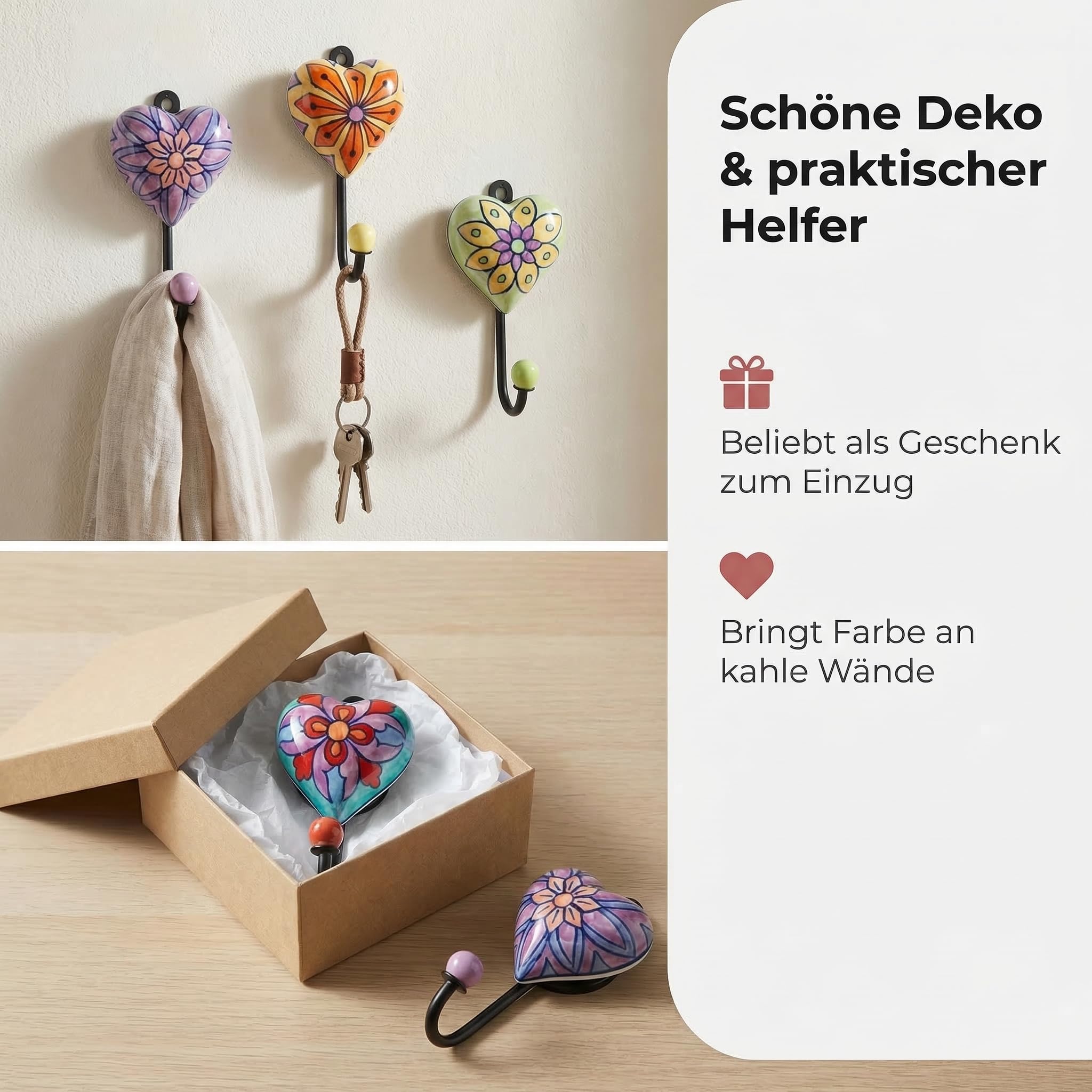 Wandhaken Herz aus Keramik und lackiertem Metall, handbemalt mit Blumenmuster, dekorative Garderobenhaken im Landhaus-/Boho-Look, kompakte Größe 13 x 7 x 3 cm, mehrfarbig, schwarz