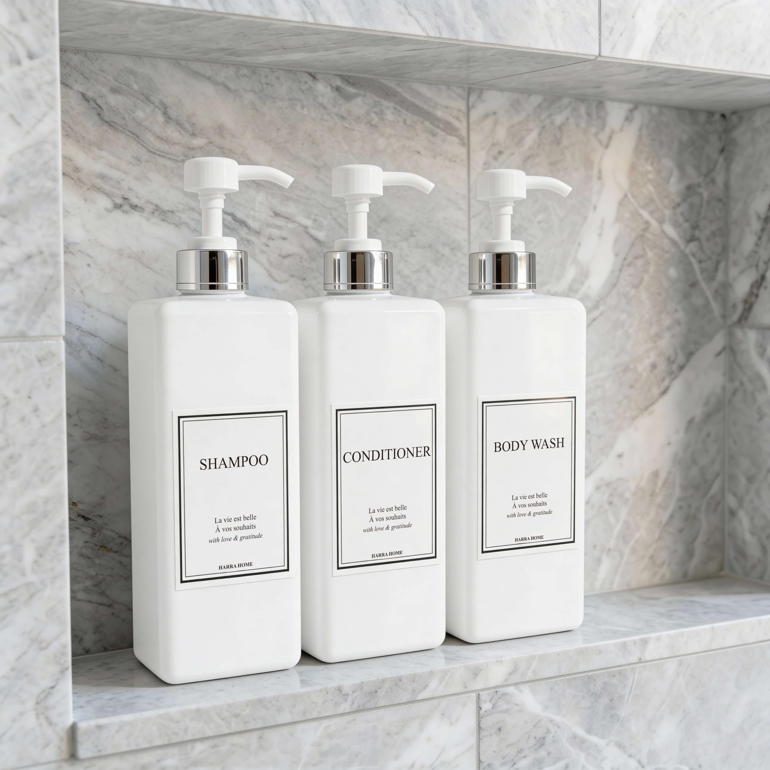 Modern Gold Design - Juego de Botellas con Bomba de 27 onzas, dispensador de champú y acondicionador, Botellas vacías de plástico para Ducha con Bomba para loción de baño, Gel Corporal,