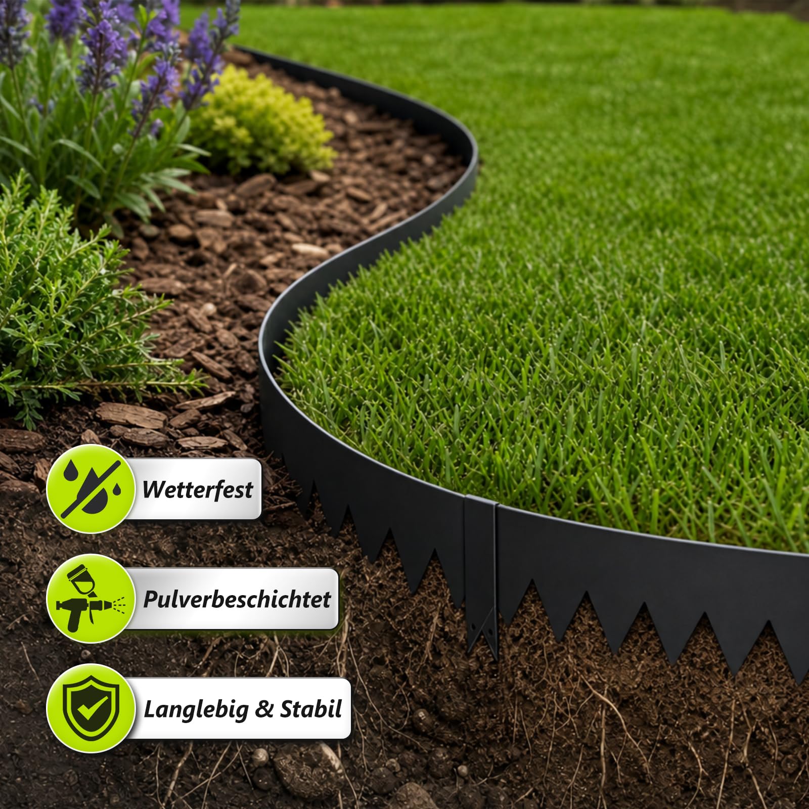 Lot de 6 Bordures de Pelouse Acier Noir 100x15 cm 6m 7 Clips