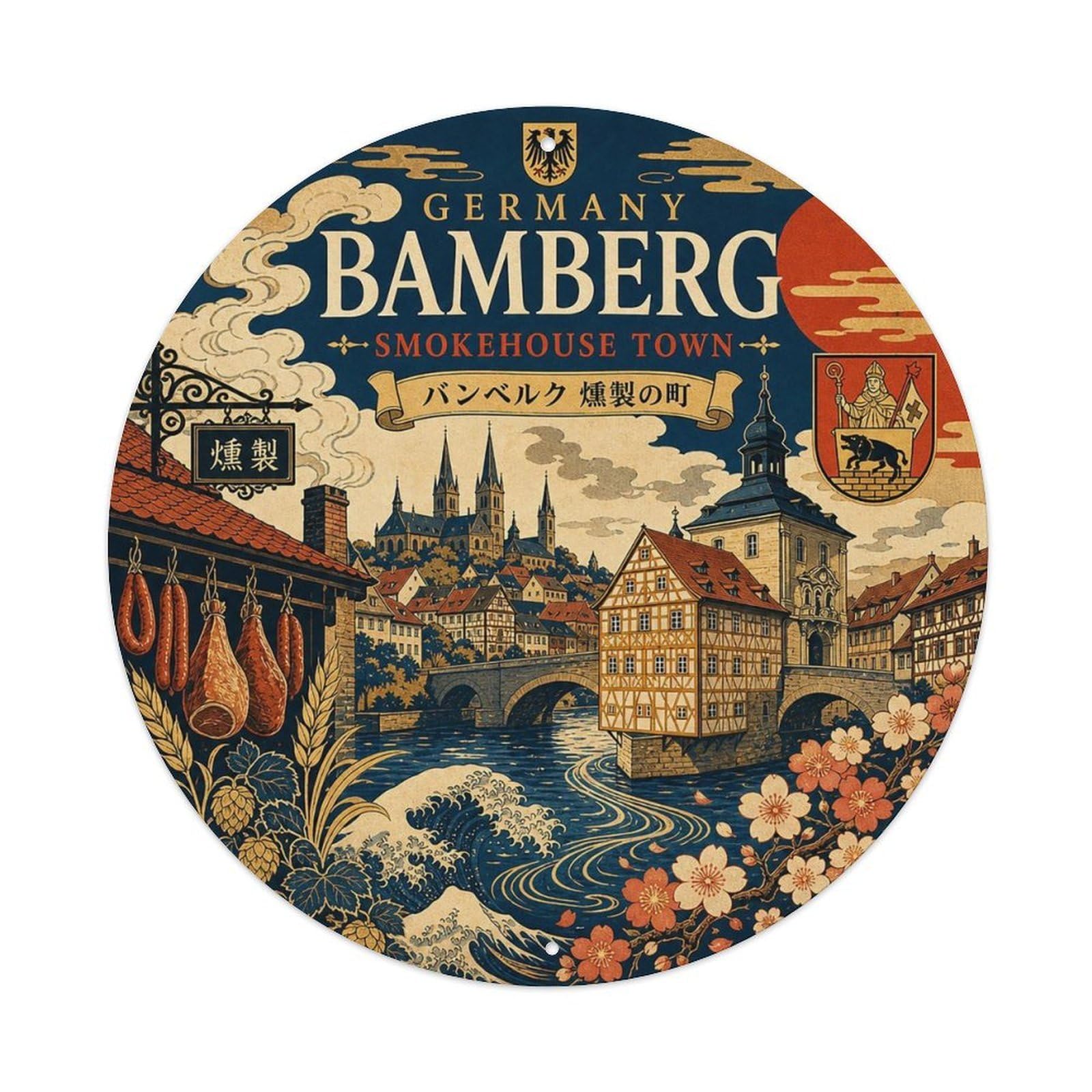 Bamberg Smokehouse Town German Woodblock Old Travel Metal Tin Sign