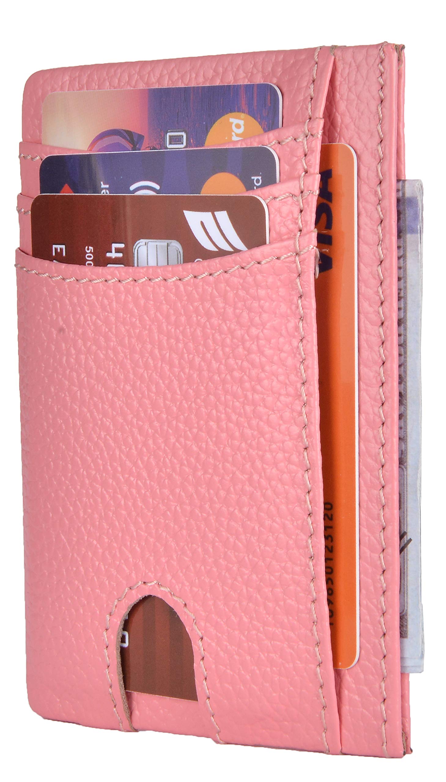 Easyoulife RFID Slim Card Wallet Leather Small Front Pocket Wallet for Men Women (01 Plain Pink)