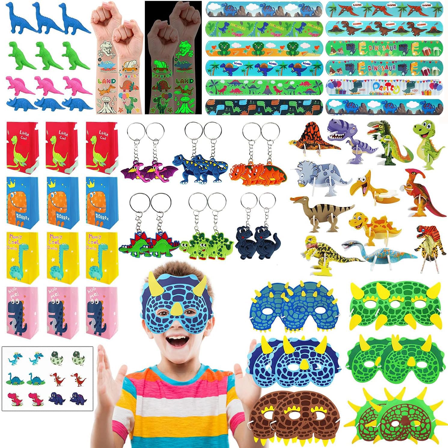 AeulnLeesgel Dinosaur Party Favors for Kids, 96pcs Dinosaur Birthday Party Goodie Bags with Masks/Tattoos/Slap Bracelets, Dinosaur Toys for Birthday Party Games Fillers Party Supplies